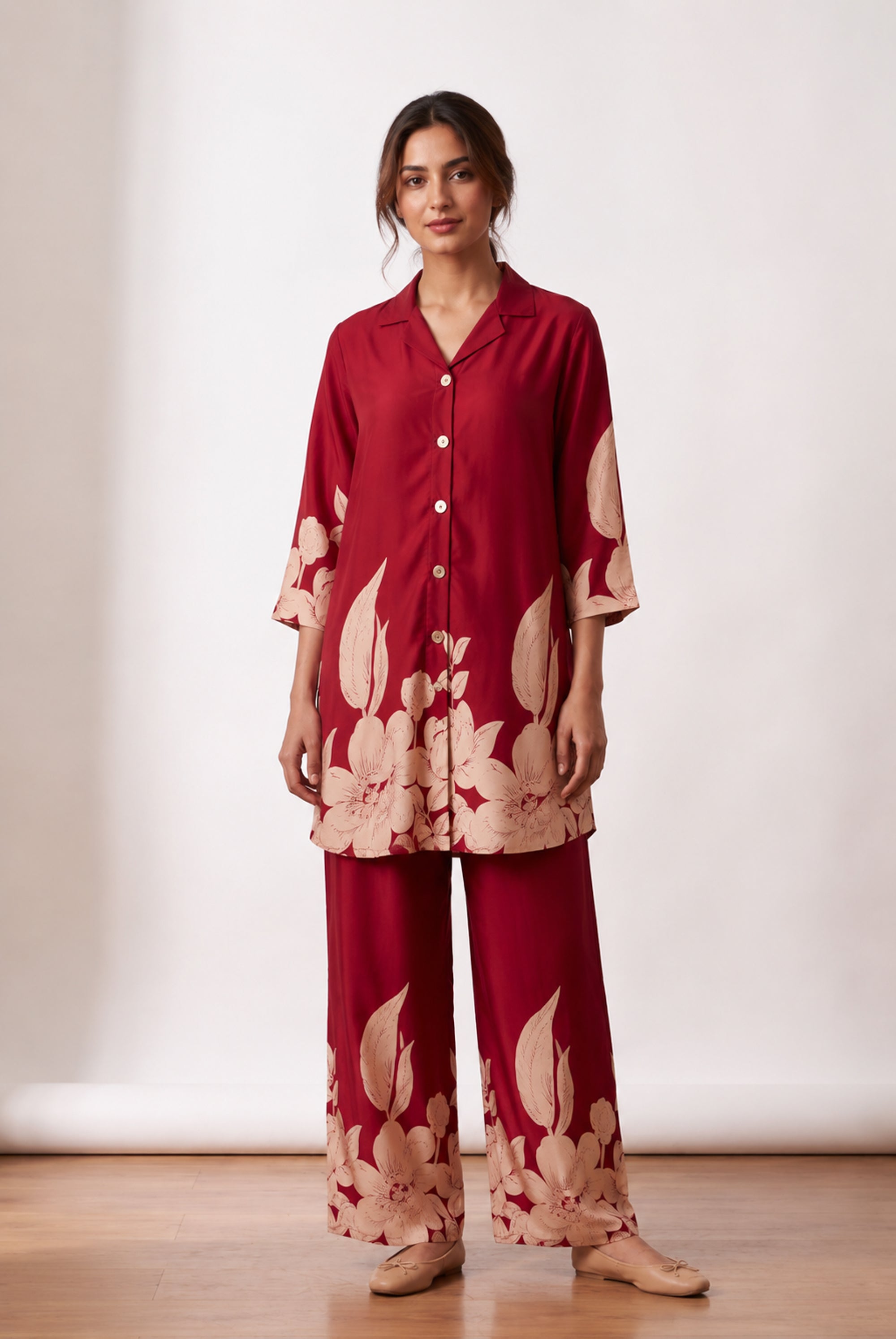 Garden Bloom Floral Hem Printed Russian Silk Co-ord Set