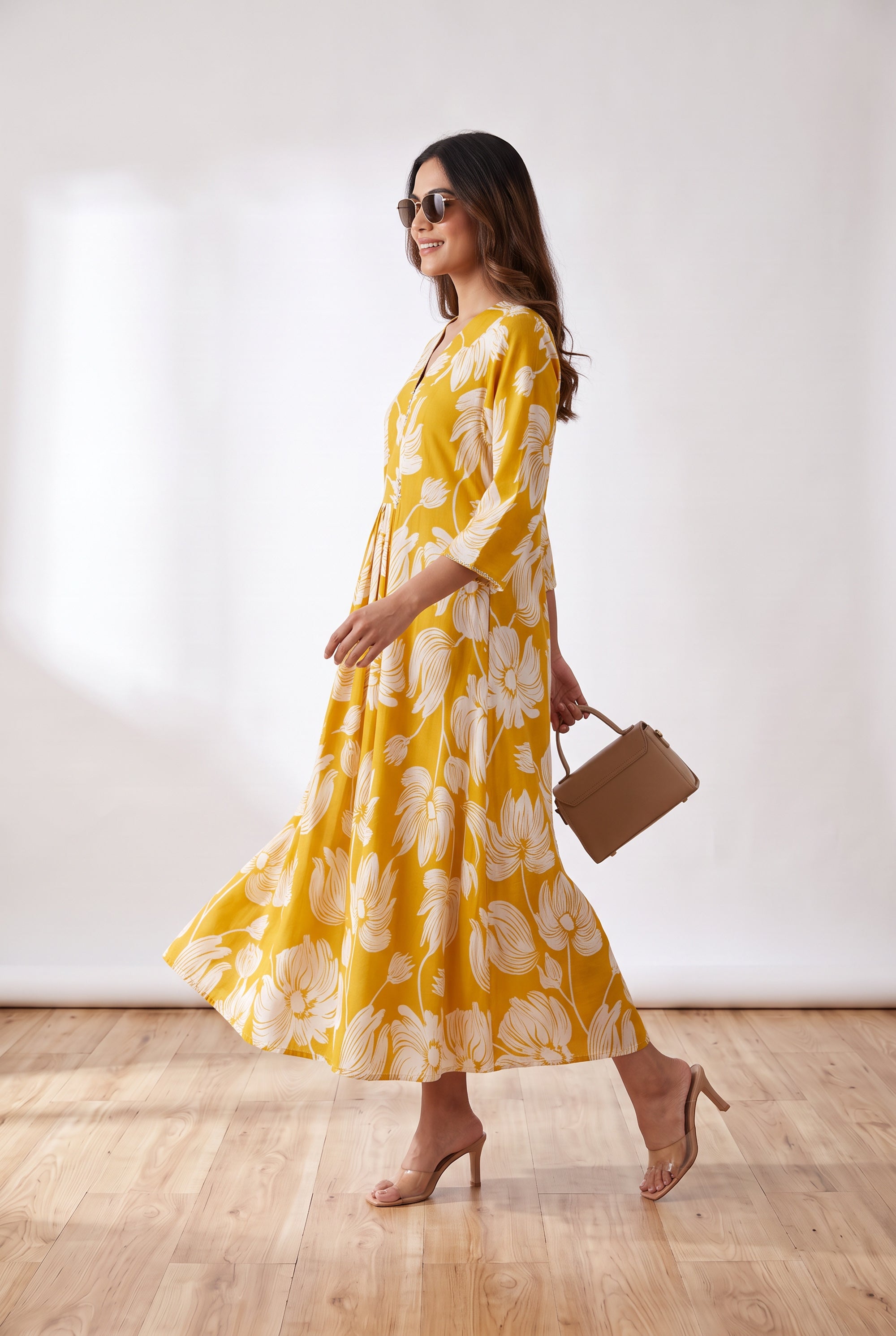 Artistic Floral Printed Flared Russian Silk Dress