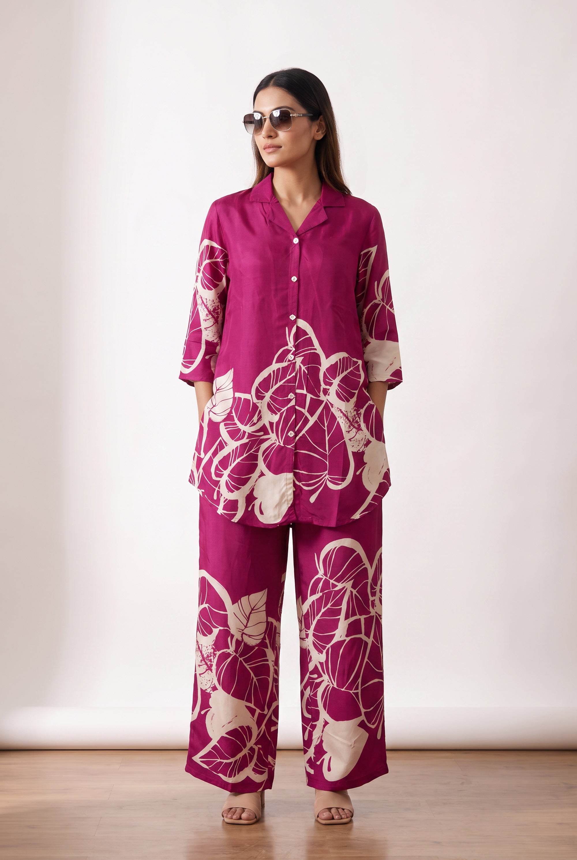 Pink Leafy Floral Printed Russian Silk Co-ord Set