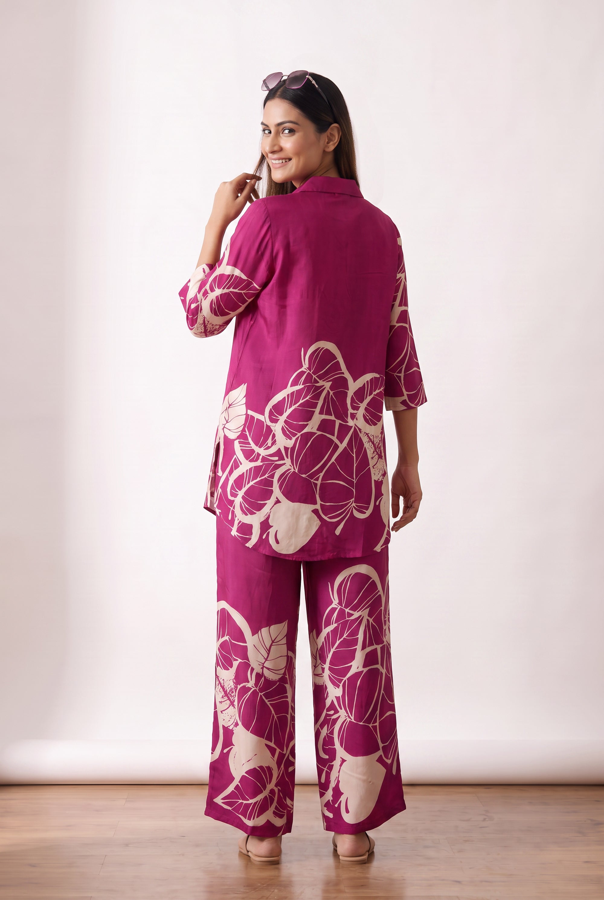Pink Leafy Floral Printed Russian Silk Co-ord Set