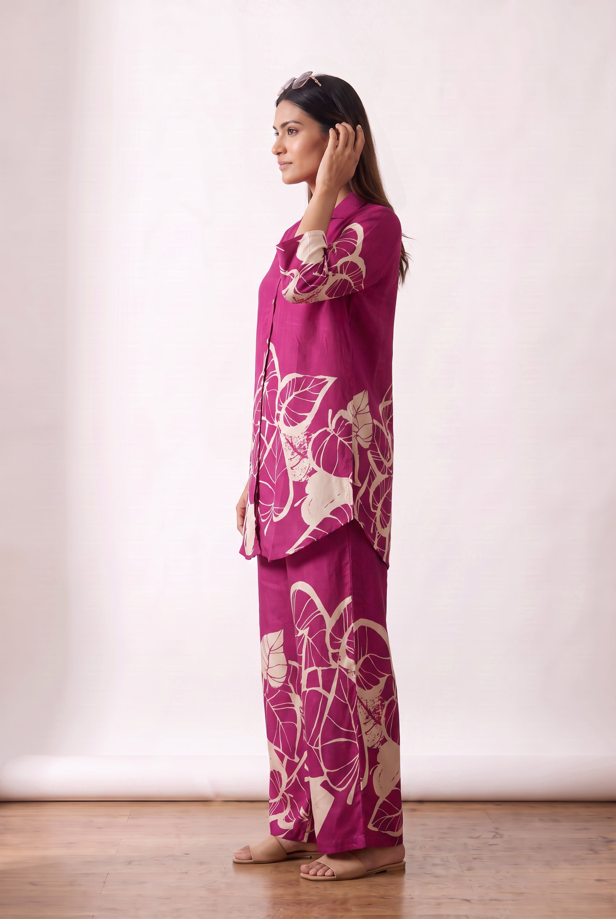 Pink Leafy Floral Printed Russian Silk Co-ord Set
