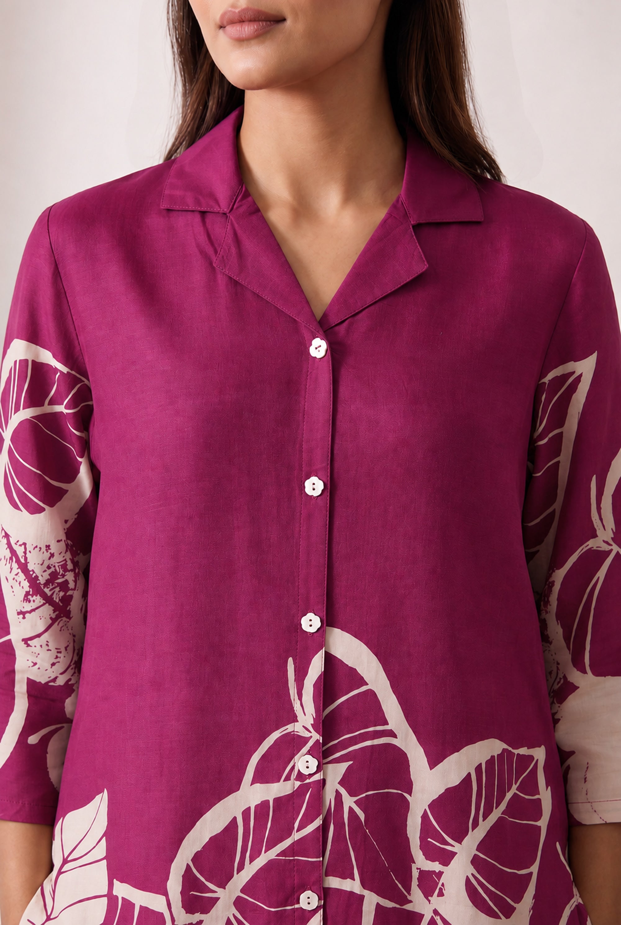 Pink Leafy Floral Printed Russian Silk Co-ord Set