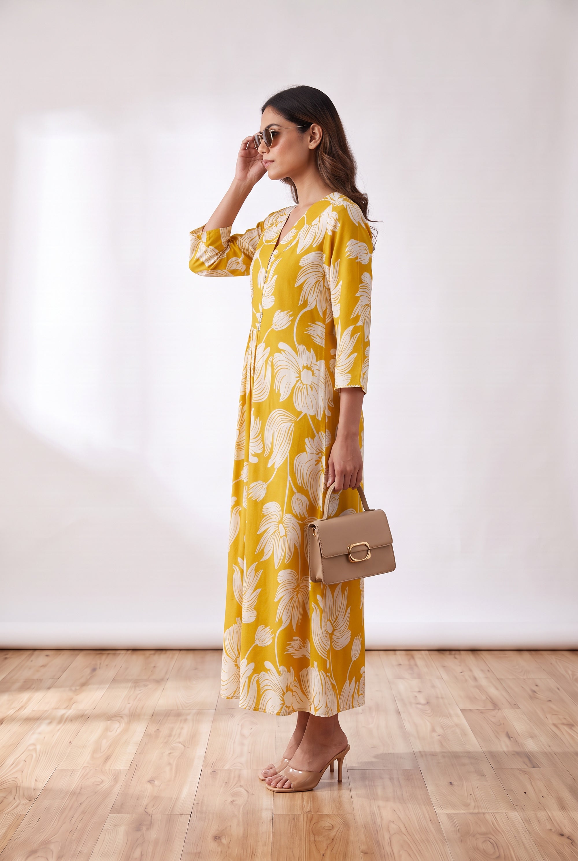 Artistic Floral Printed Flared Russian Silk Dress