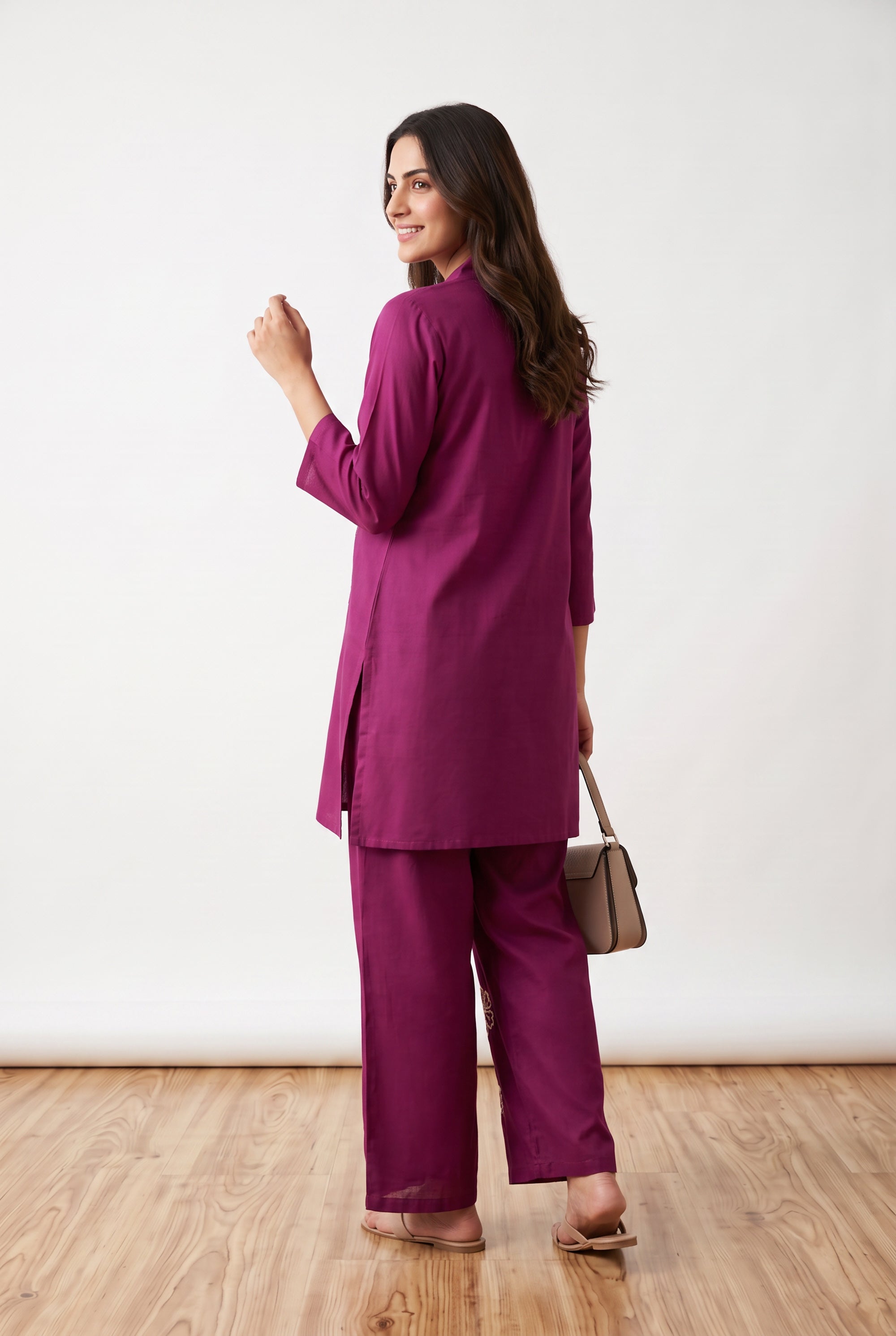 Purple Botanical Hand Embroidered Russian Silk Co-ord Set