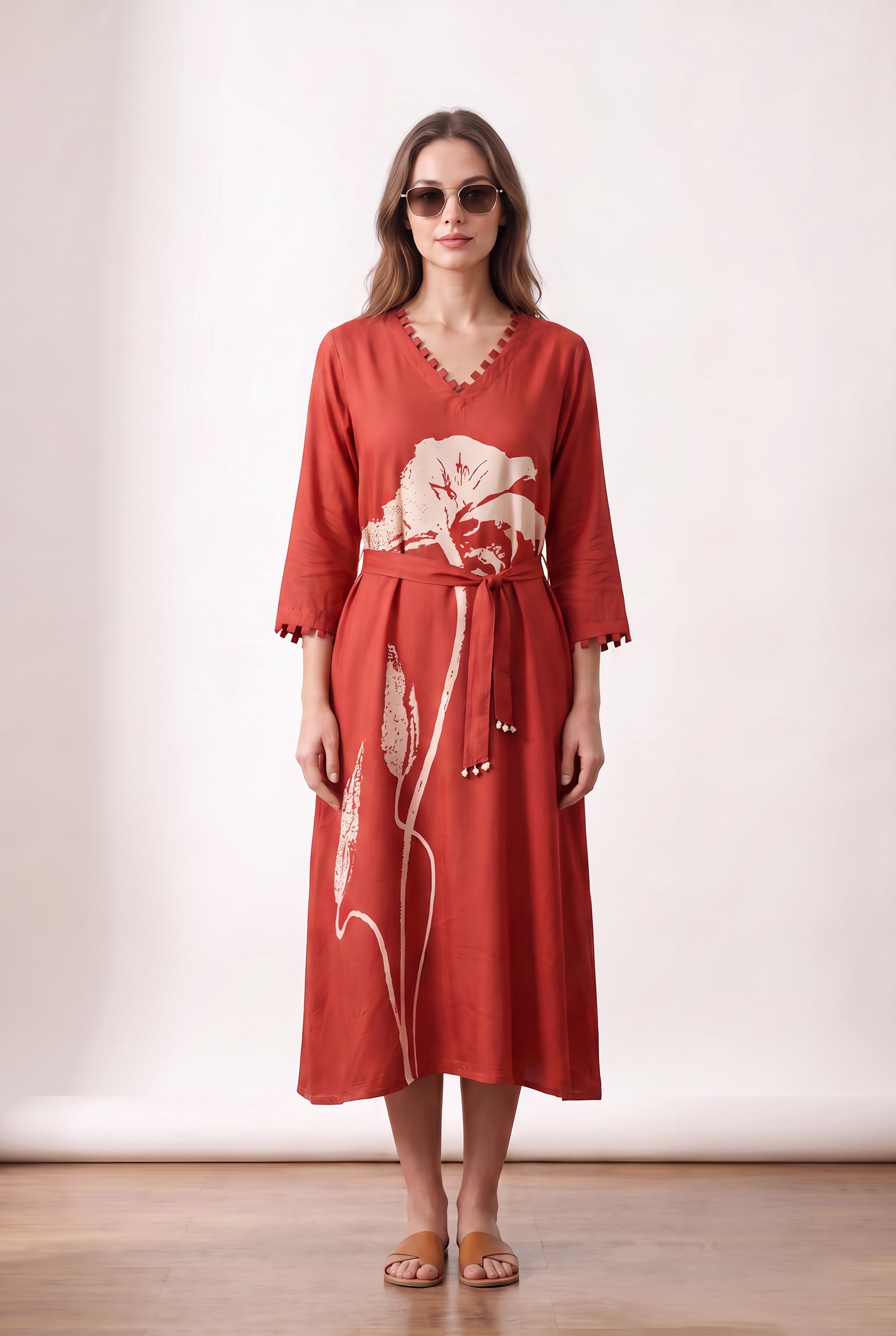 Orange Floral Printed Midi Russian Silk Dress