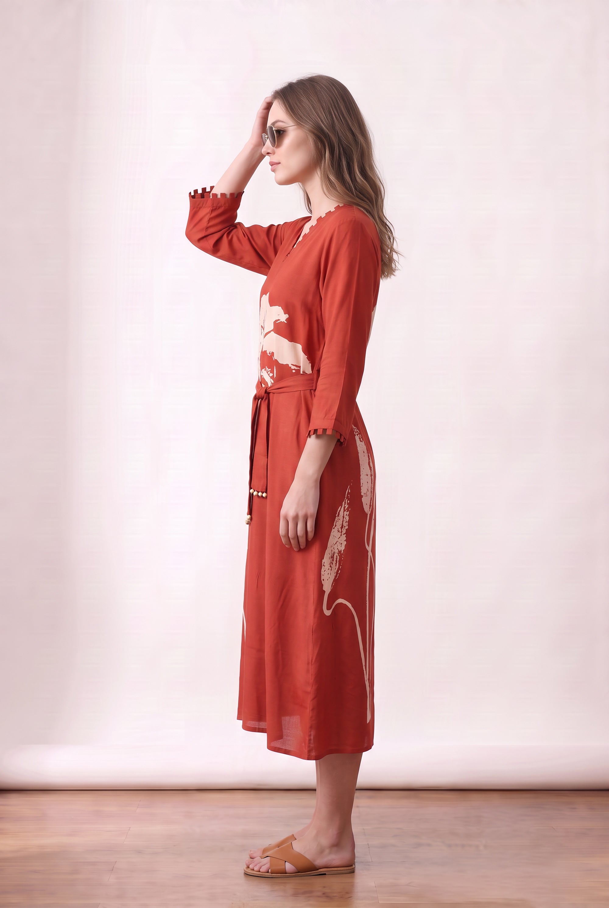Orange Floral Printed Midi Russian Silk Dress