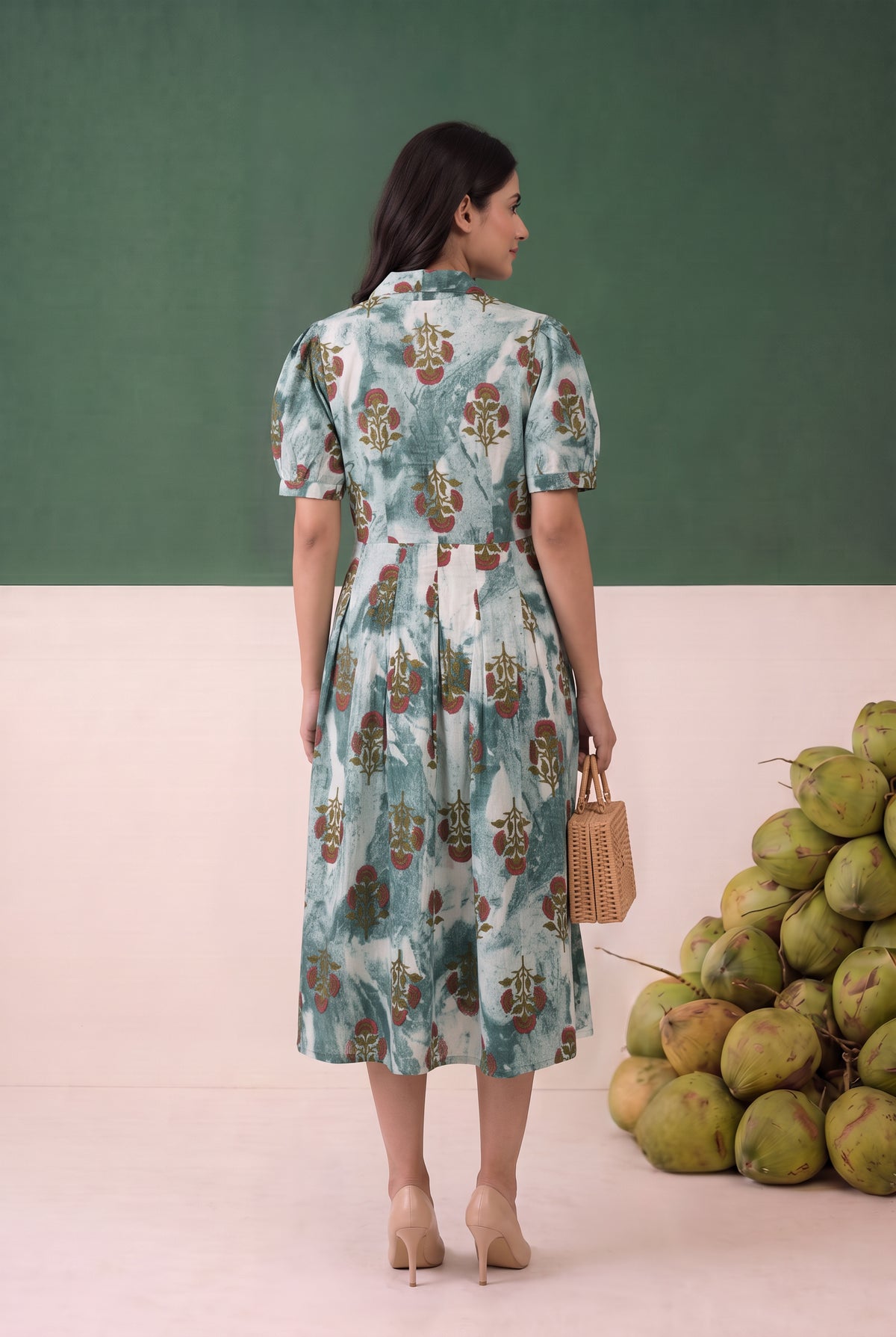Blue Ethnic Printed Fit and Flare Midi Cotton Dress