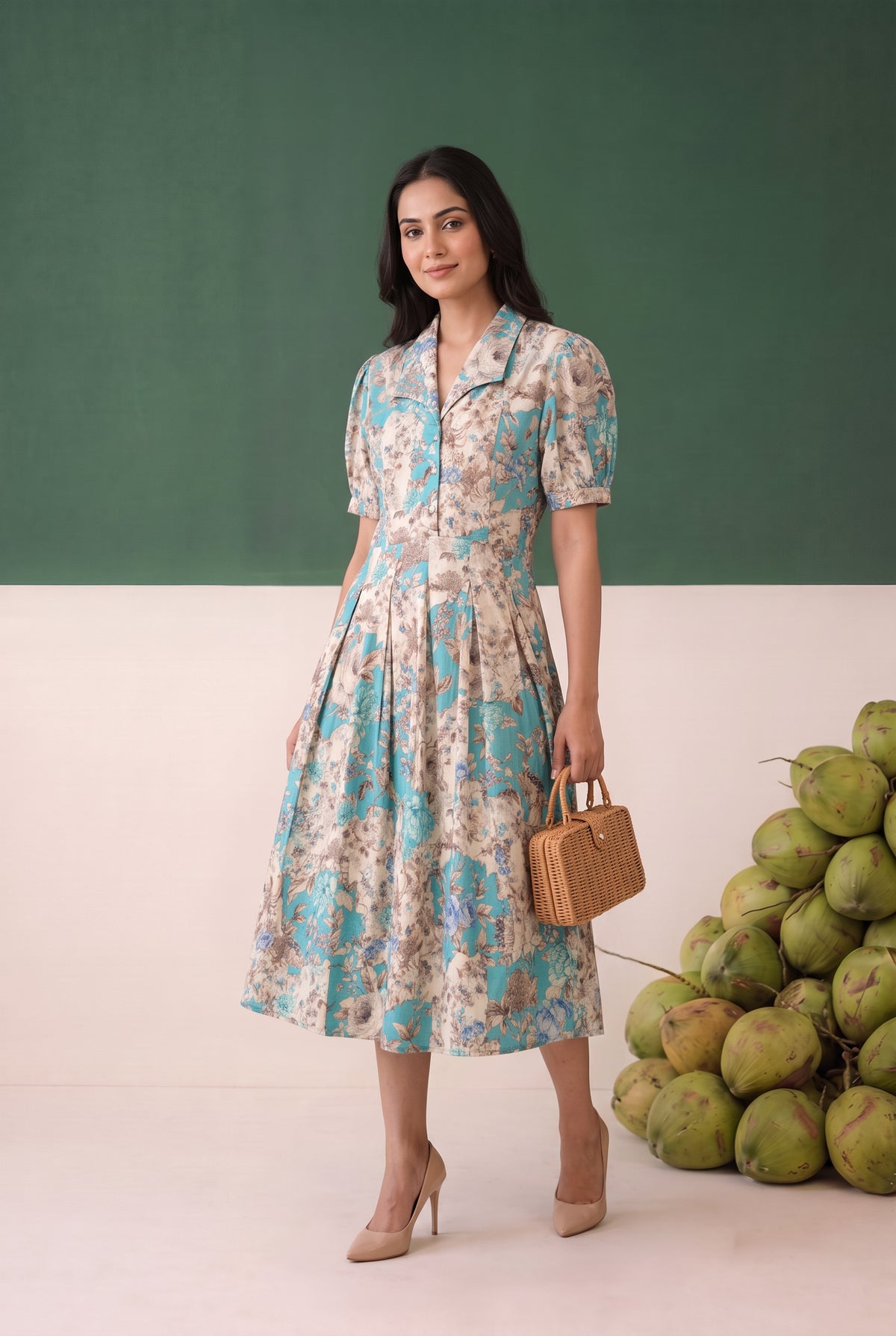 Blue Floral Printed Fit and Flare Midi Cotton Dress