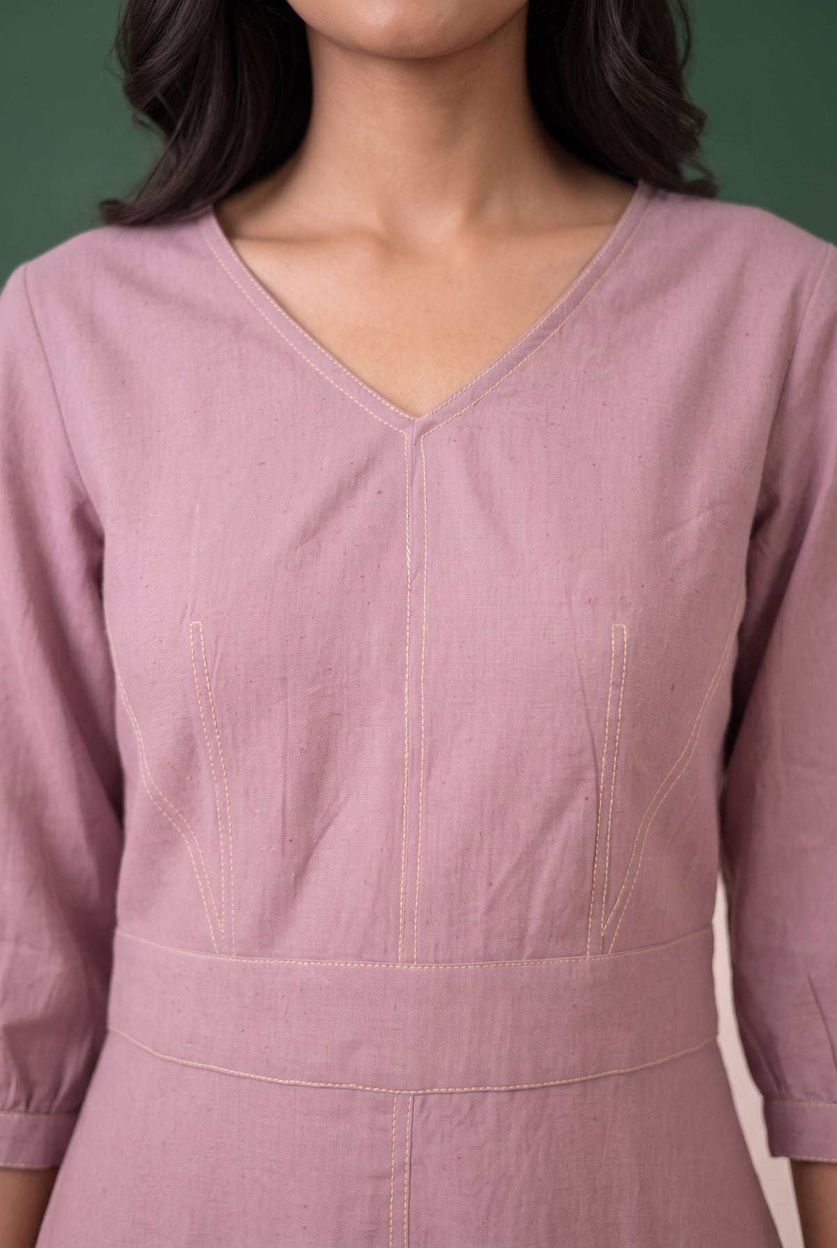 Onion Pink Solid A-Line Midi Cotton Dress with Contrast Stitching