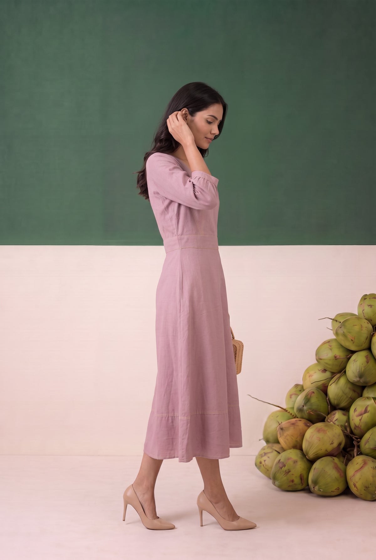 Onion Pink Solid A-Line Midi Cotton Dress with Contrast Stitching
