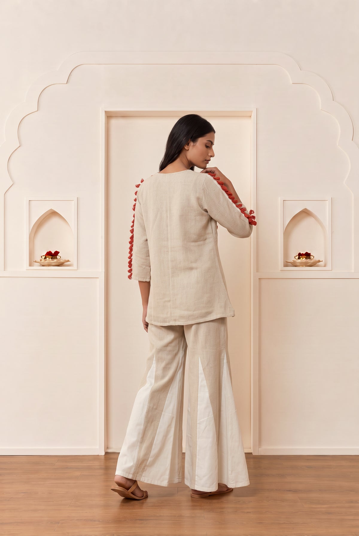 Beige Floral Embroidered Cotton Co-ord Set