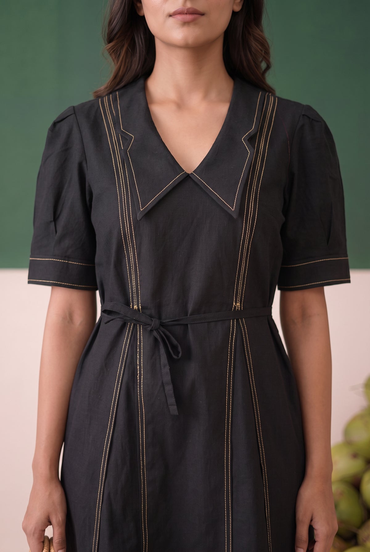 Black Solid Midi Cotton Dress with Waist Tie Belt Contrast Stitching