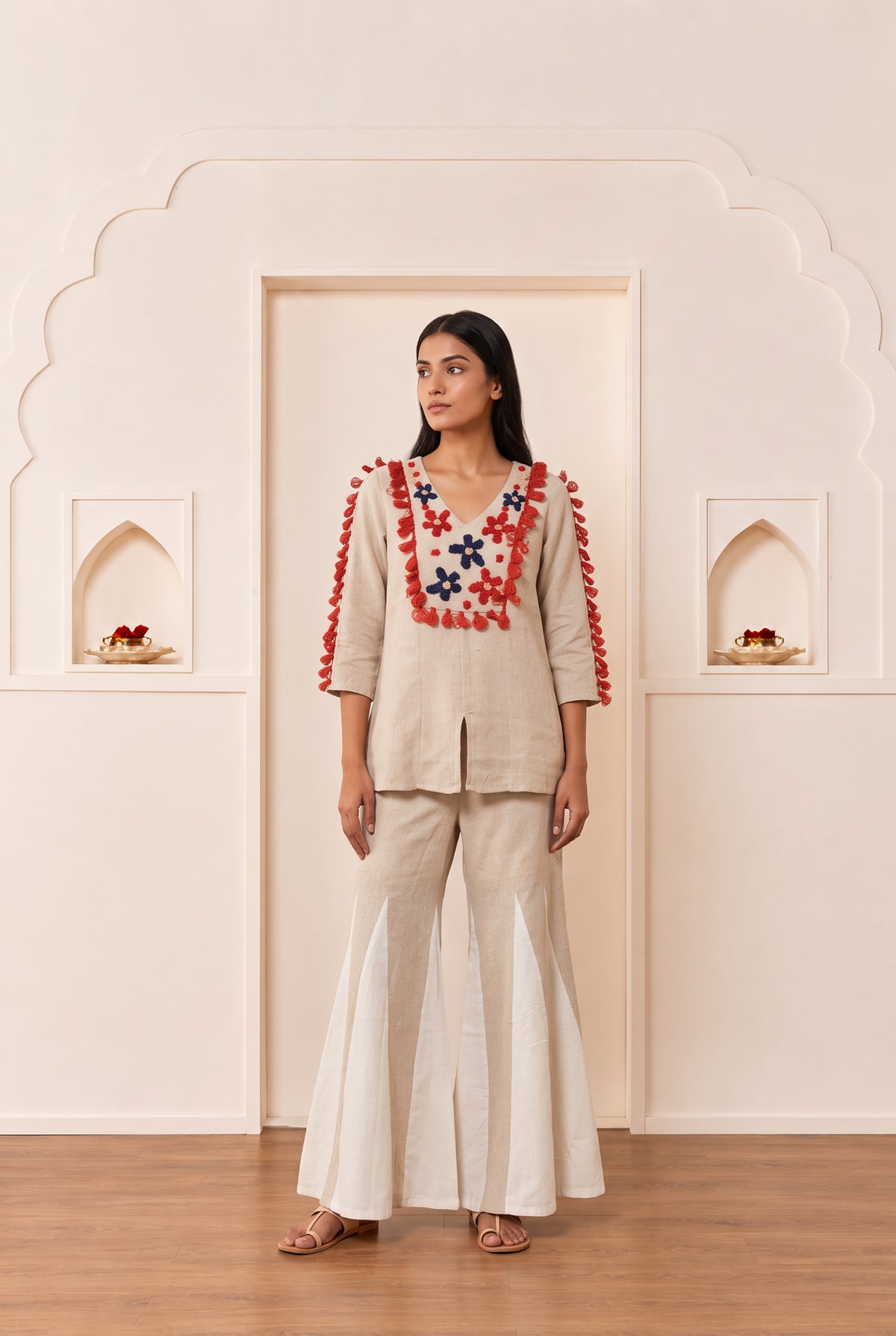 Beige Floral Embroidered Cotton Co-ord Set