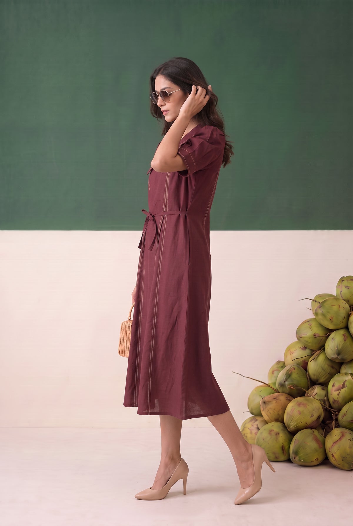Wine Solid Midi Cotton Dress with Waist Tie Belt Contrast Stitching