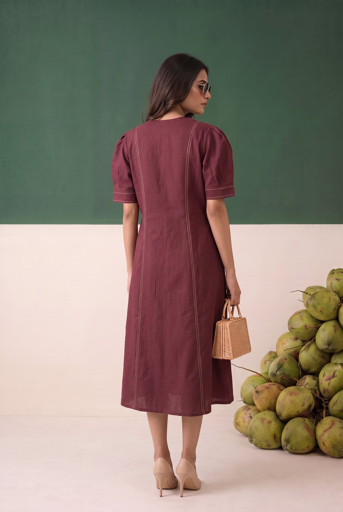 Wine Solid Midi Cotton Dress with Waist Tie Belt Contrast Stitching
