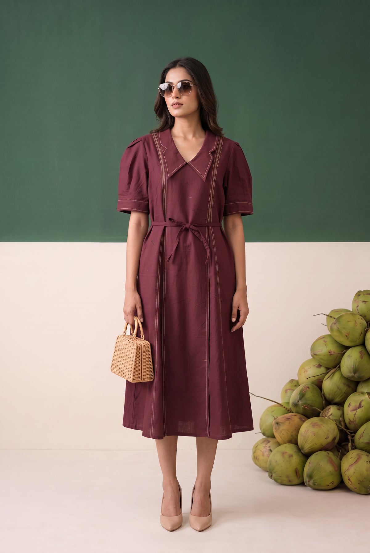 Wine Solid Midi Cotton Dress with Waist Tie Belt Contrast Stitching