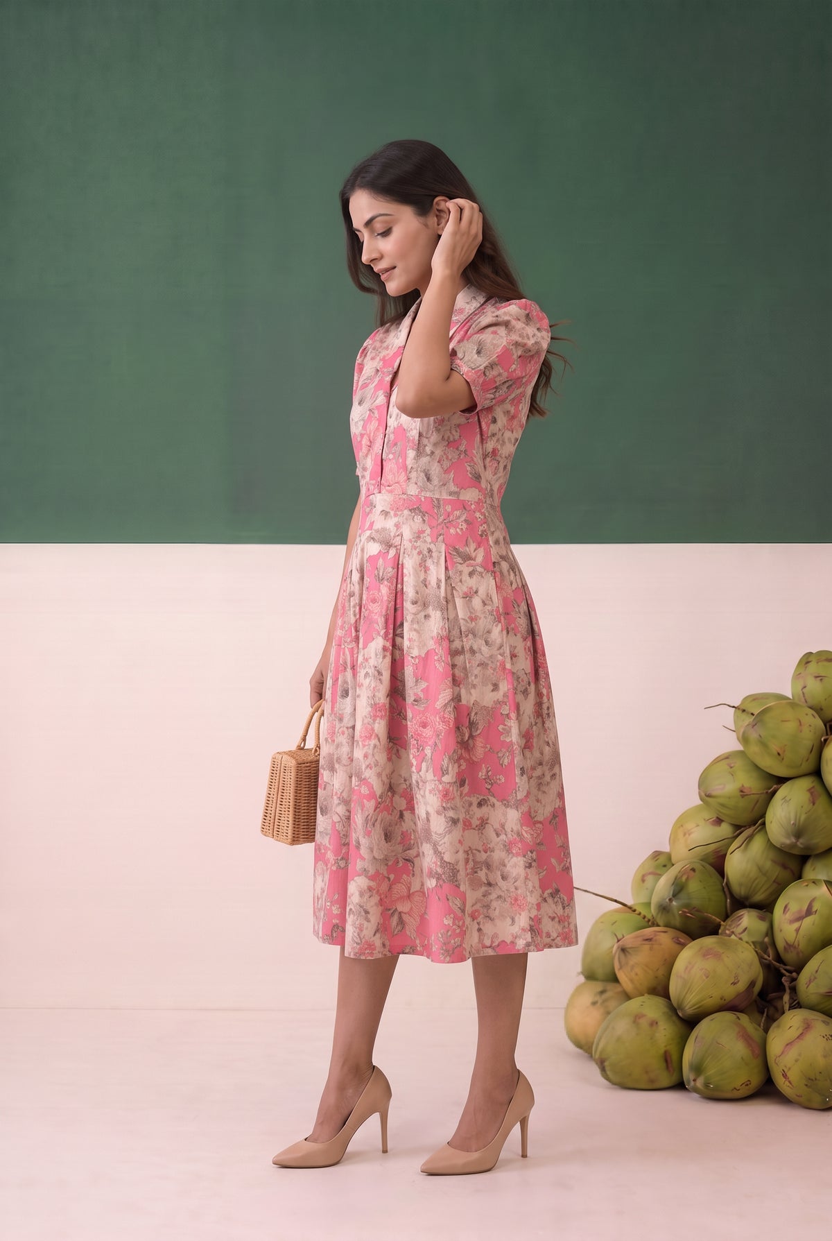Pink Floral Printed Fit and Flare Puff Sleeve Midi Cotton Dress
