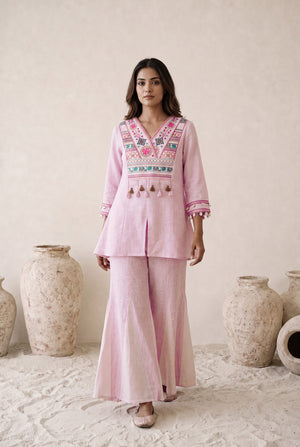 Blush Pink Embroidered Cotton Flared Co-ord Set