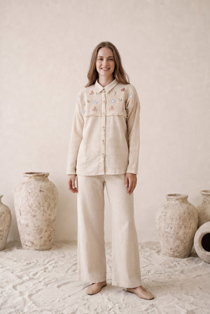 Gingham Cotton Off- White Embroidered Co-ord Set