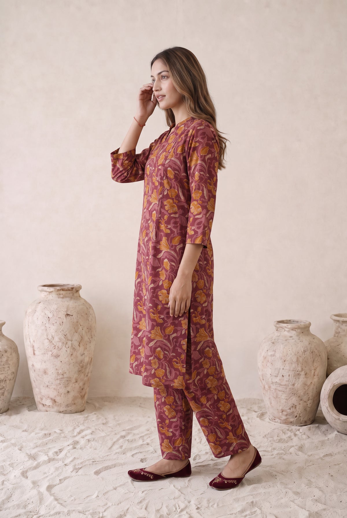 Wine Maroon Floral Printed Cotton Kurta  Set