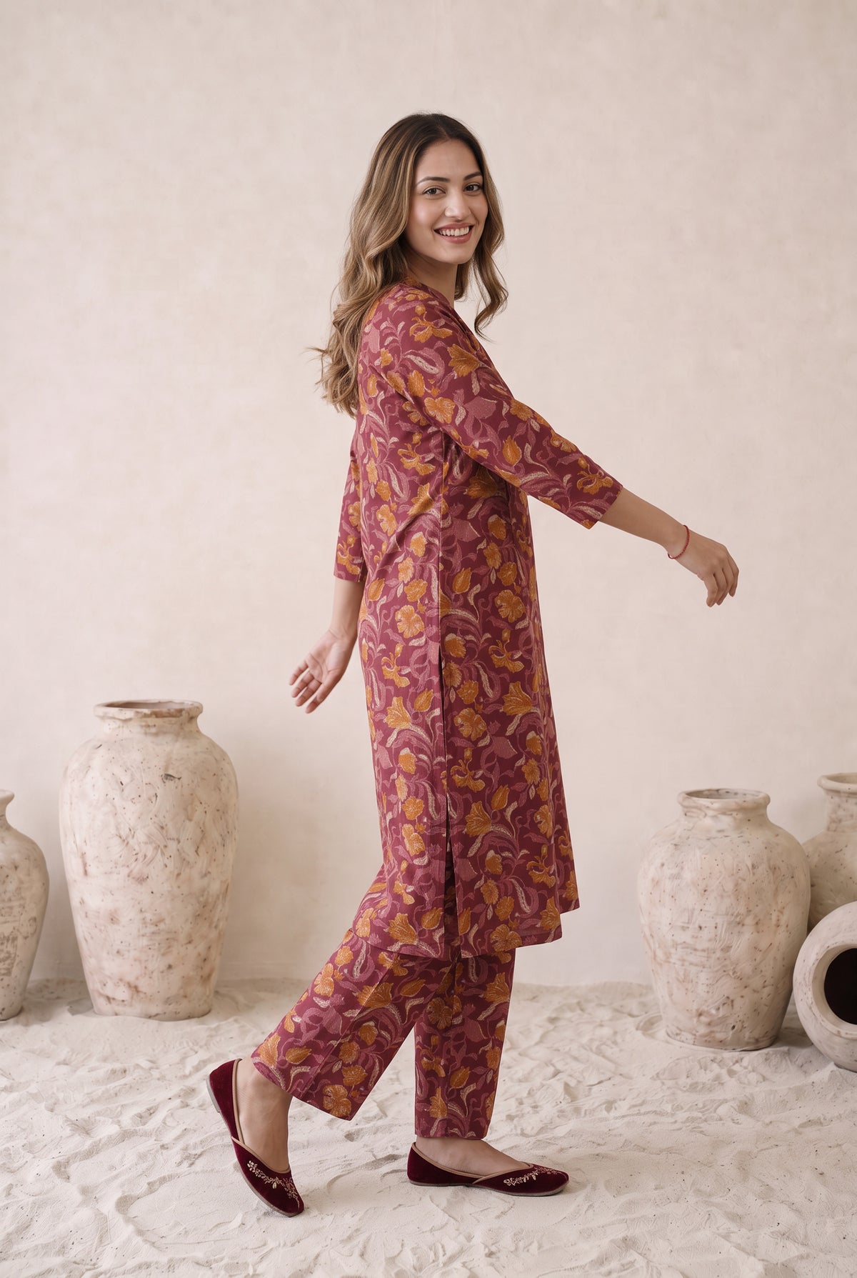 Wine Maroon Floral Printed Cotton Kurta  Set