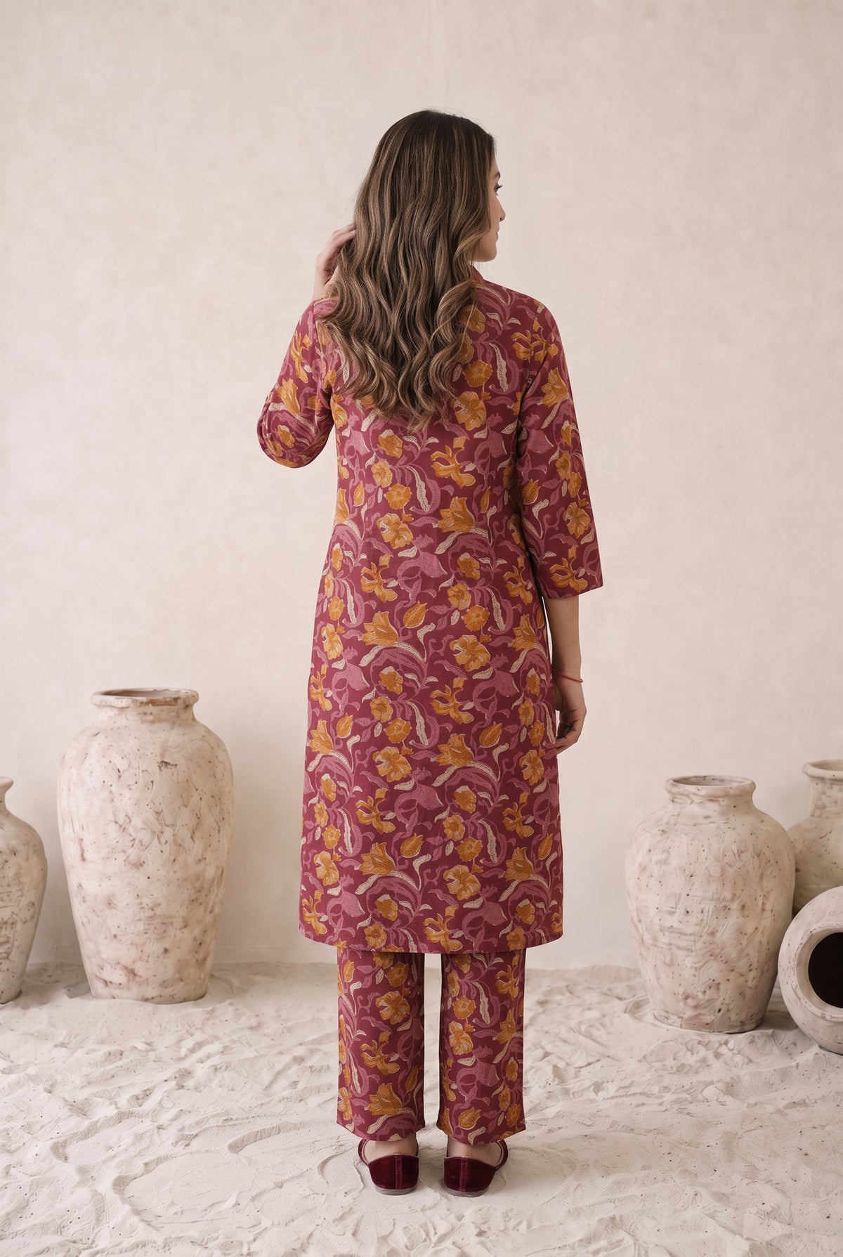 Wine Maroon Floral Printed Cotton Kurta  Set