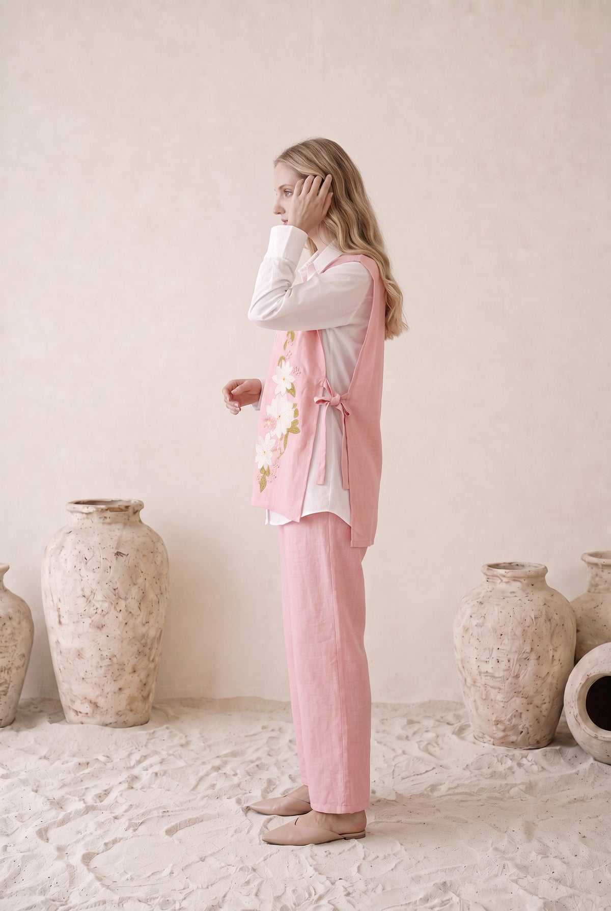 Blush Pink Floral Embroidered Cotton Co-ord Set