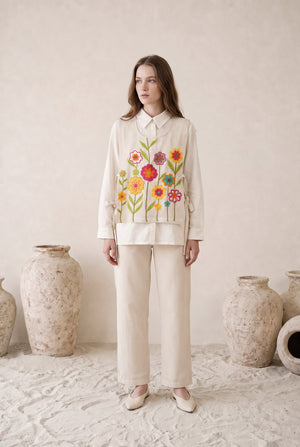 Floral Embroidered Off-White Cotton Layered Co-ord Set