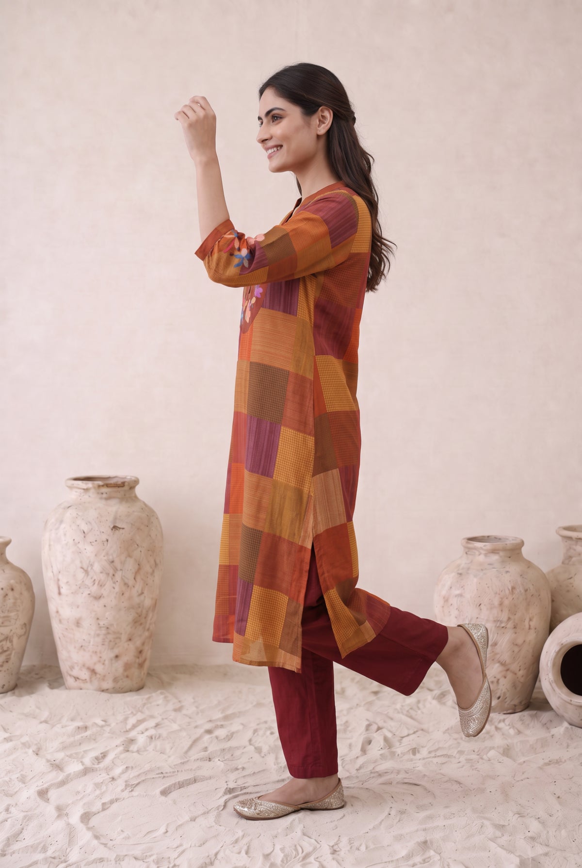 Art Patchwork Red Cotton Kurta Set