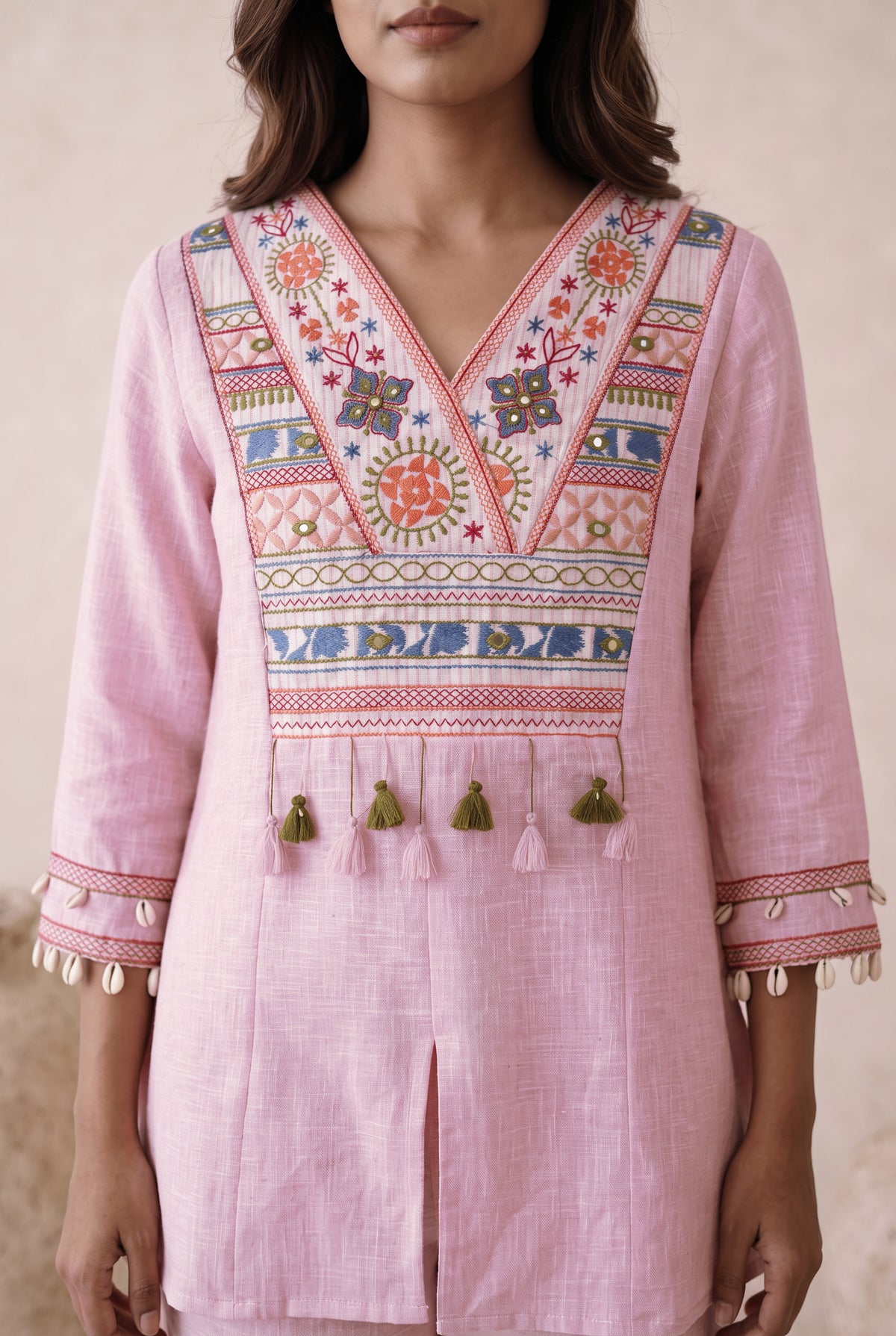 Blush Pink Embroidered Cotton Flared Co-ord Set