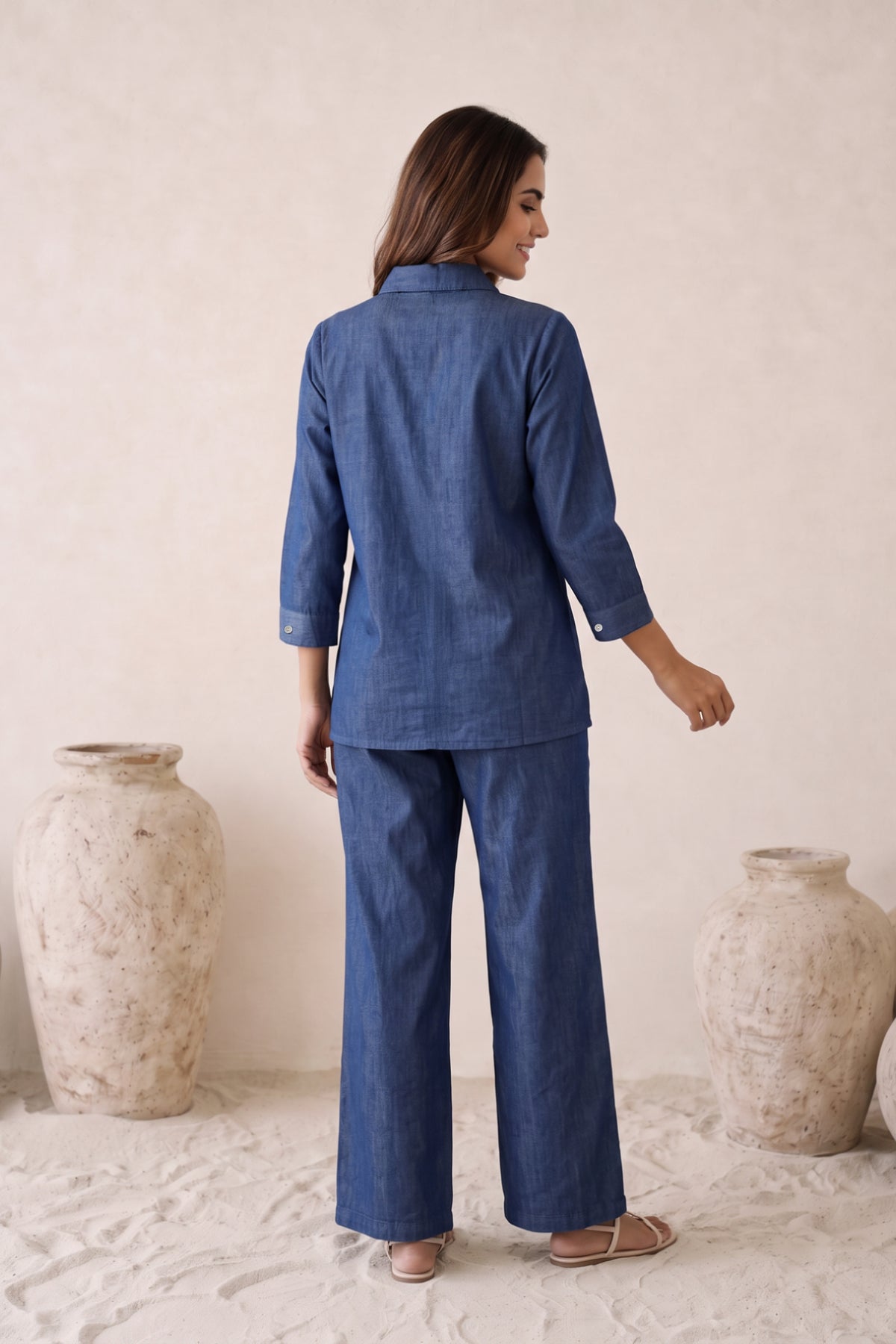 Indigo Embroidered Denim Cottom Co-ord Set