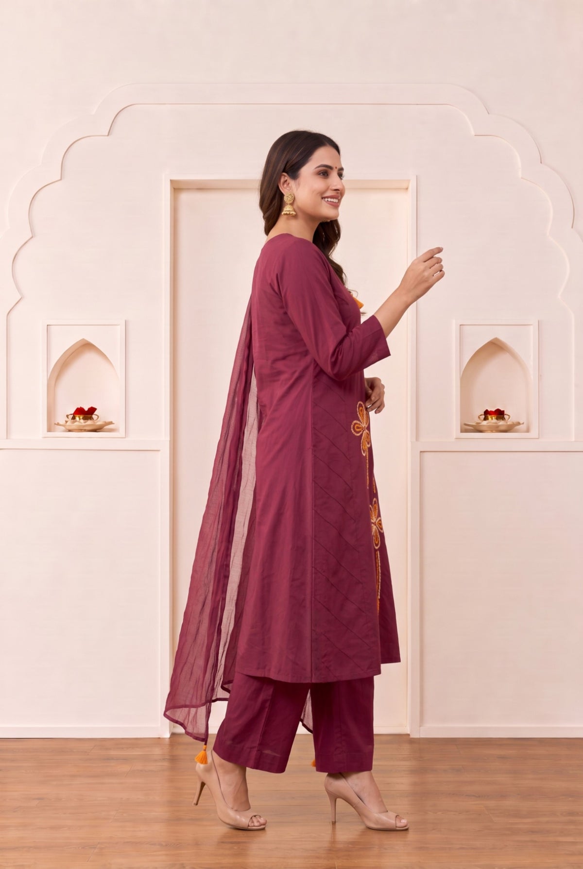 Maroon Floral Embroidered Cotton Kurta Set with Dupatta