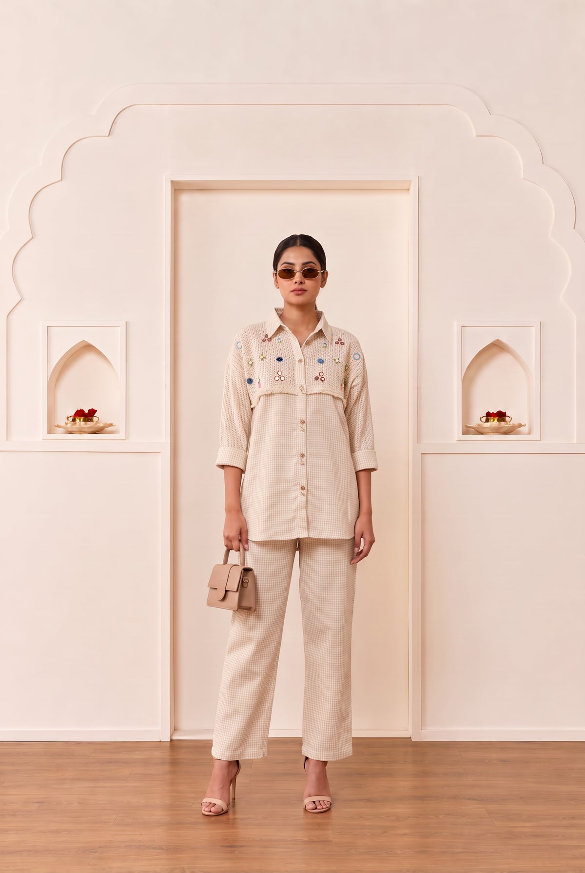 Gingham Cotton Off- White Embroidered Co-ord Set