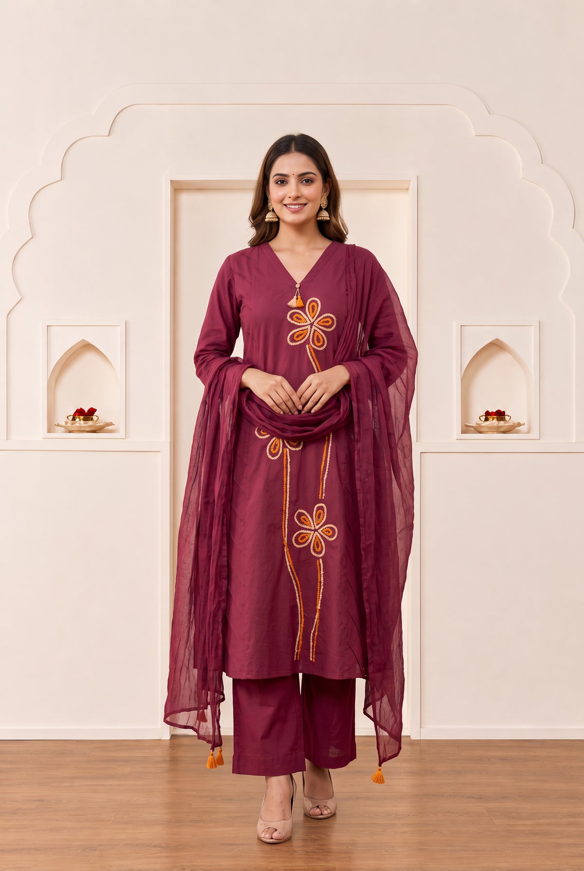 Maroon Floral Embroidered Cotton Kurta Set with Dupatta