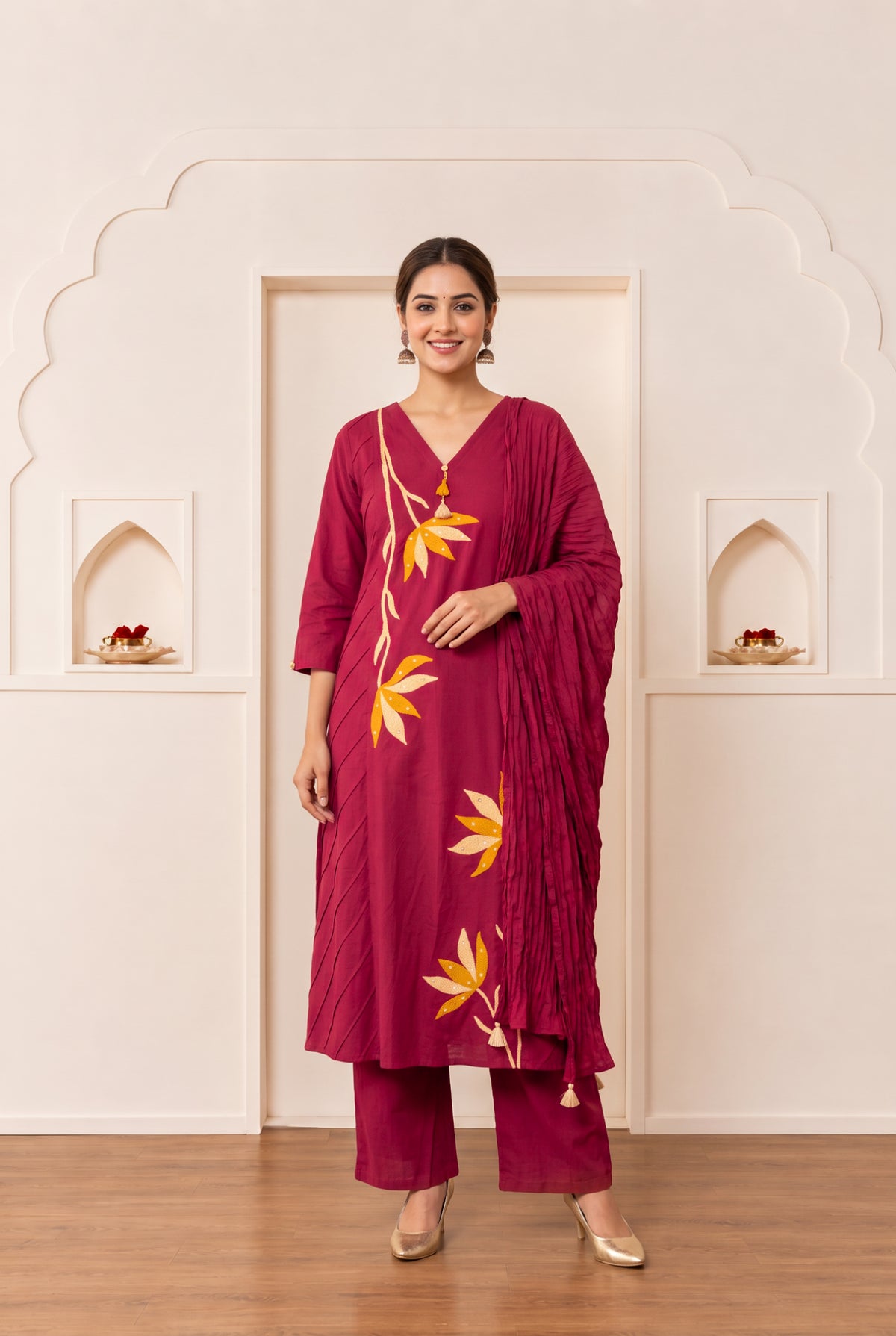 Maroon Floral and Leaf Embroidered Cotton Kurta Set with Dupatta