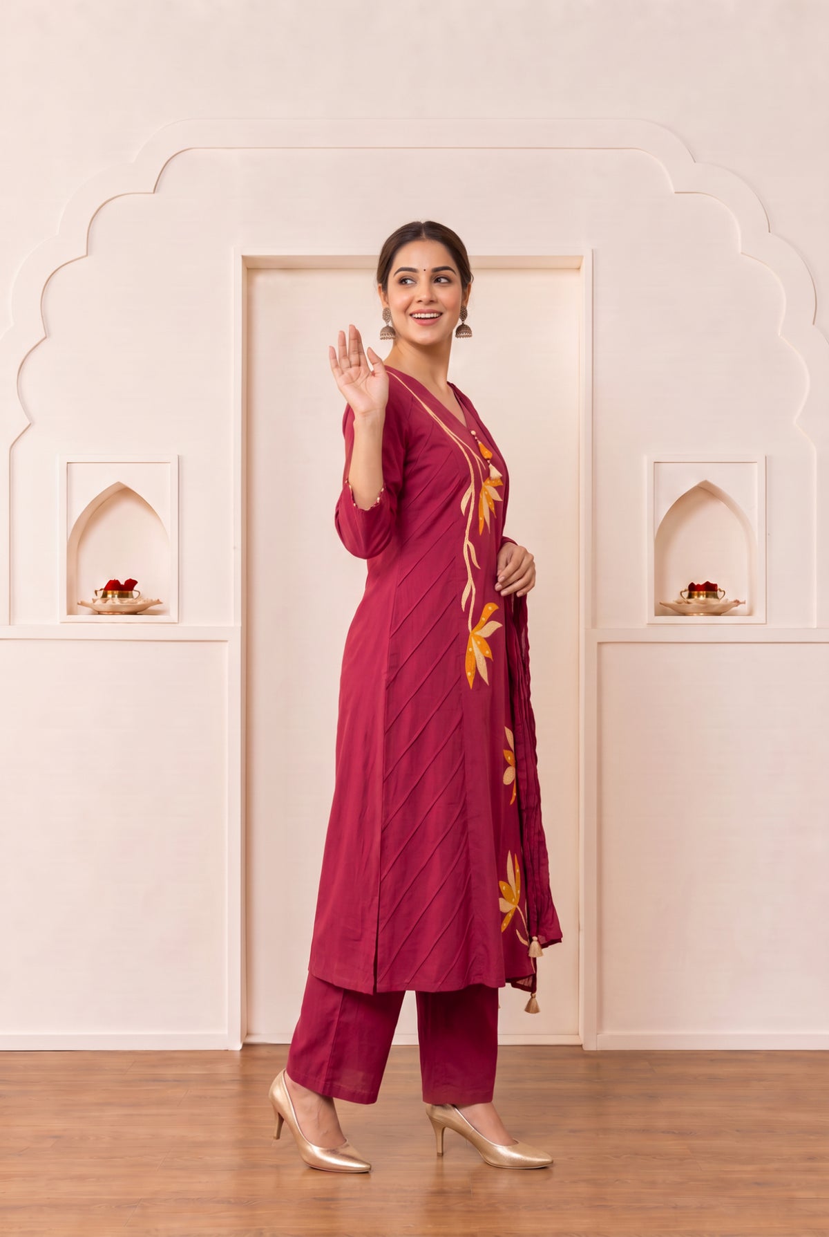 Maroon Floral and Leaf Embroidered Cotton Kurta Set with Dupatta