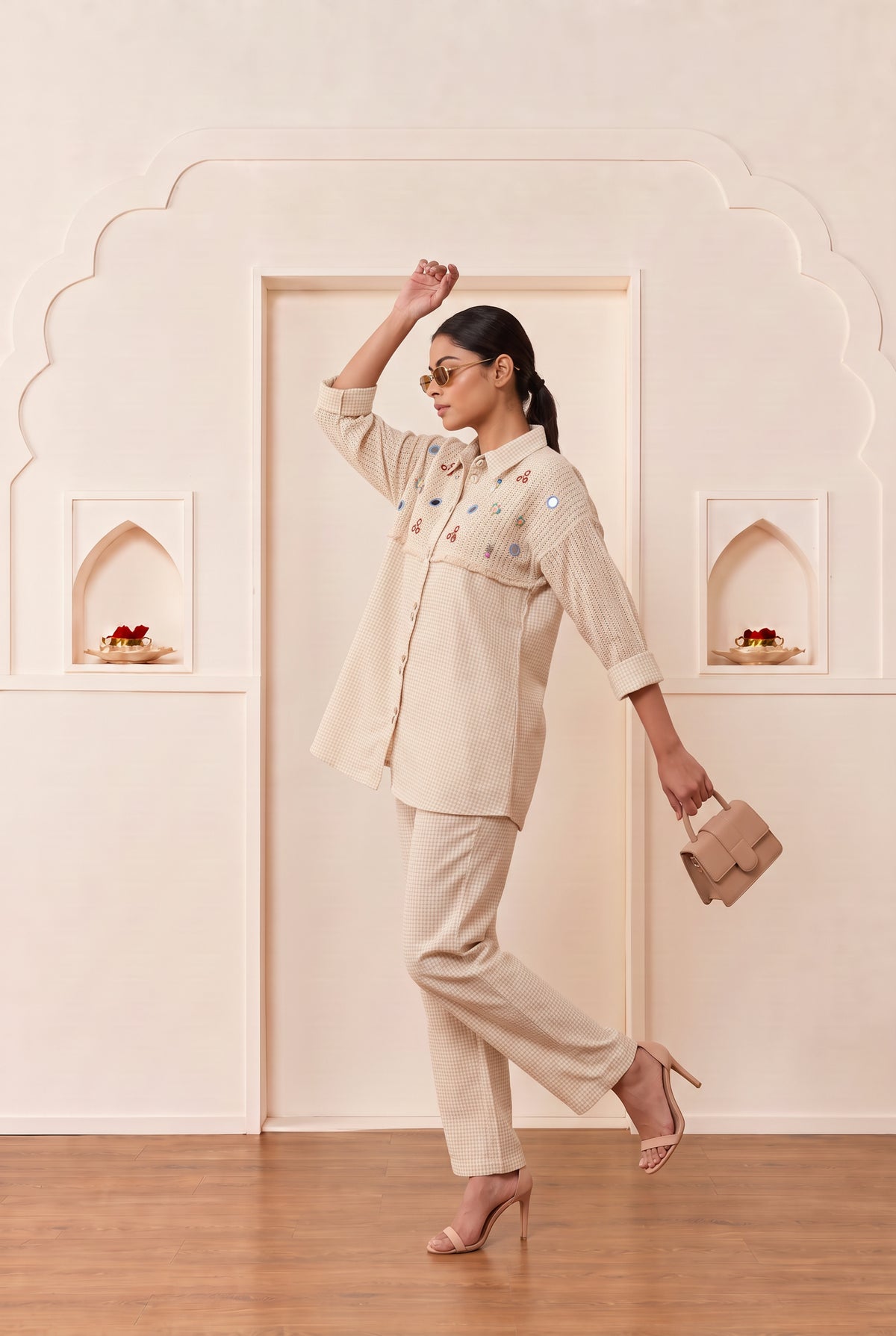 Gingham Cotton Off- White Embroidered Co-ord Set