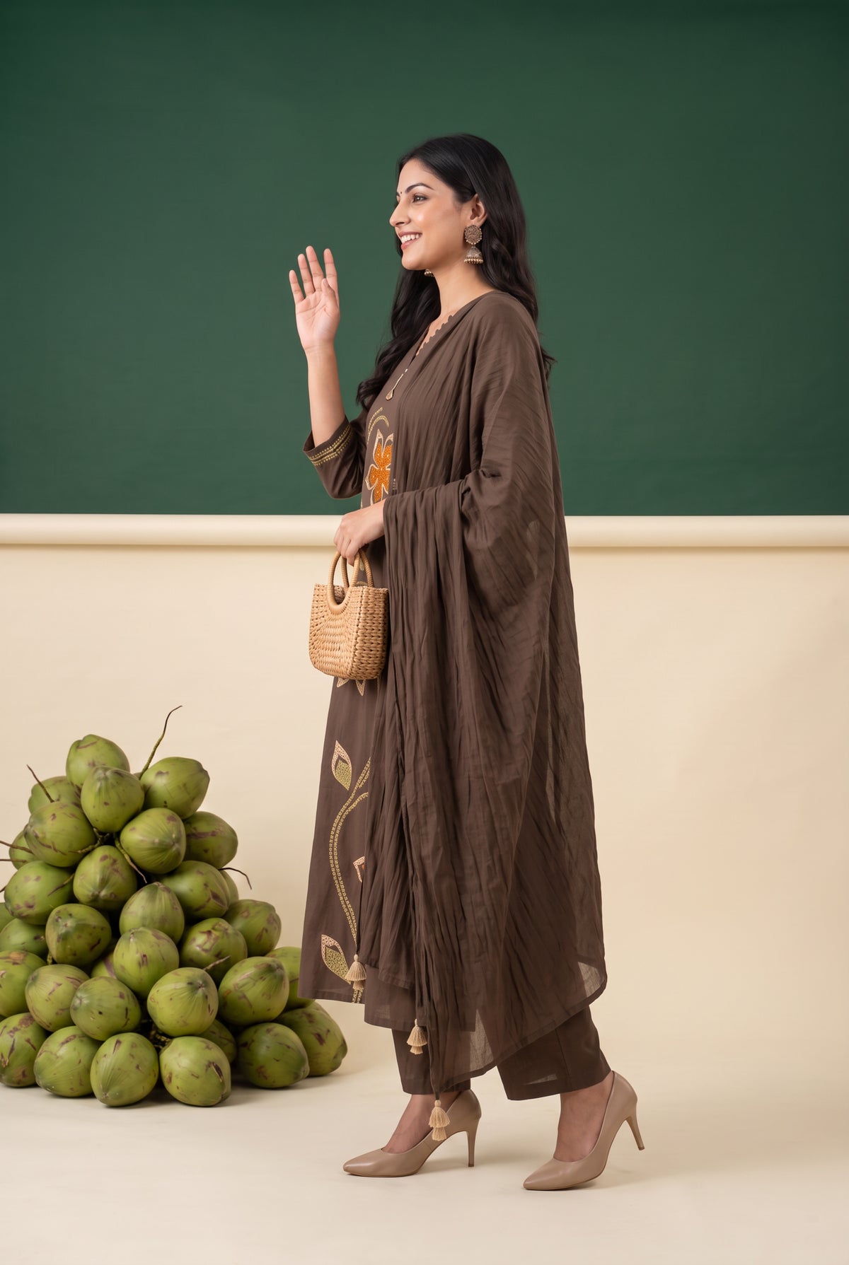 Brown Floral Embroidered Cotton Kurta Set with Dupatta