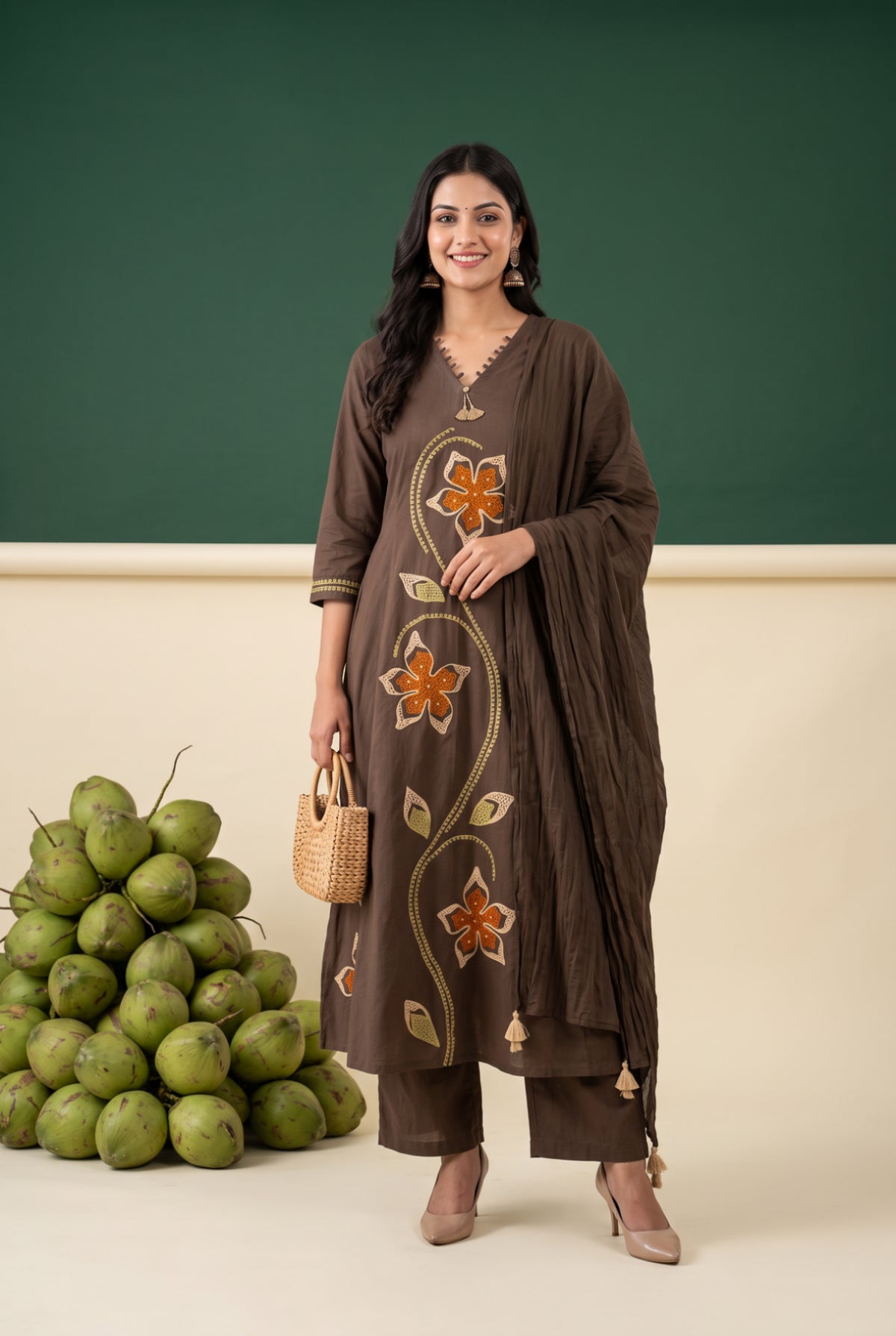 Brown Floral Embroidered Cotton Kurta Set with Dupatta