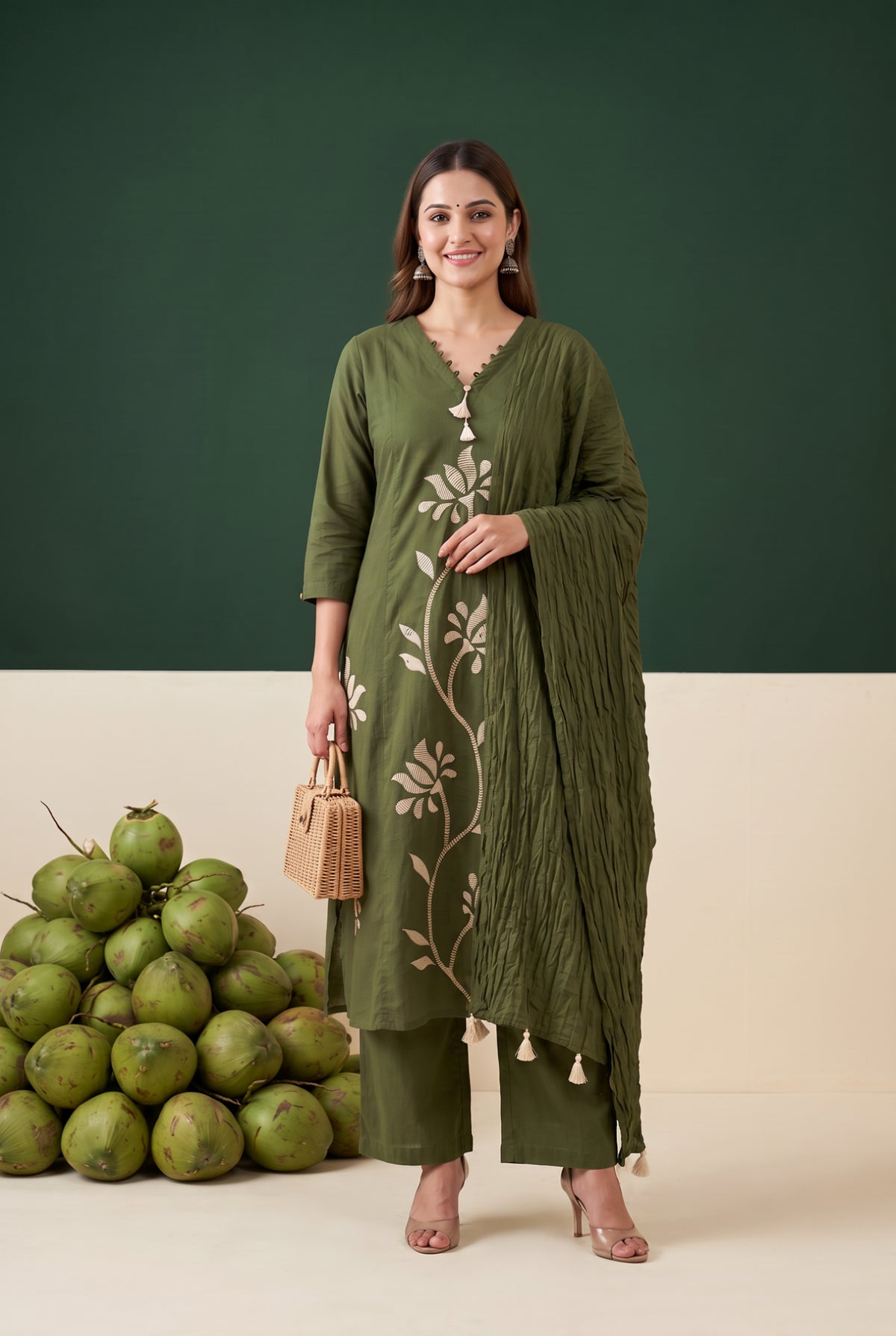Olive Green Floral Embroidered Cotton Kurta Set with Dupatta