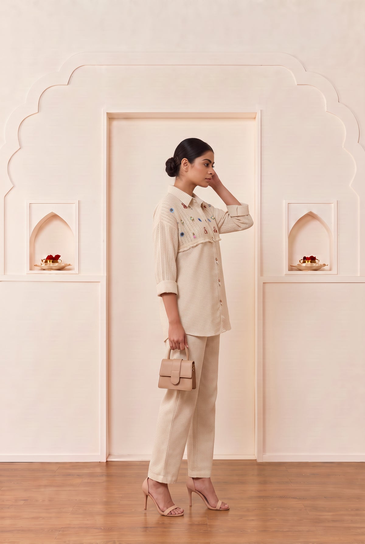 Gingham Cotton Off- White Embroidered Co-ord Set