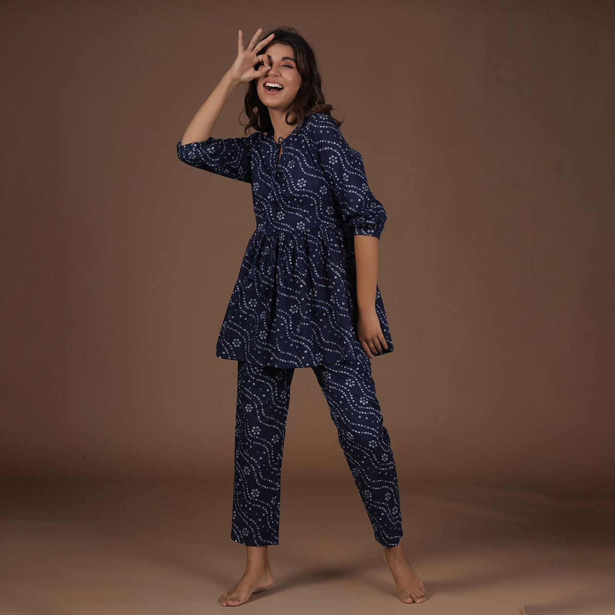 Peplum Top Loungewear Set Blue Bandhej JISORA