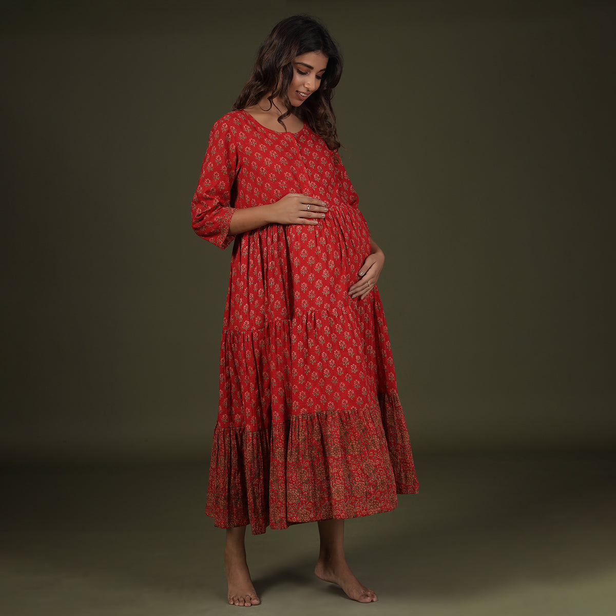 Floral Print on Red Maternity Dress Jisora Jaipur