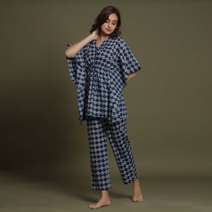 White Glitched Mandala On Blue Kaftan Pyjama
