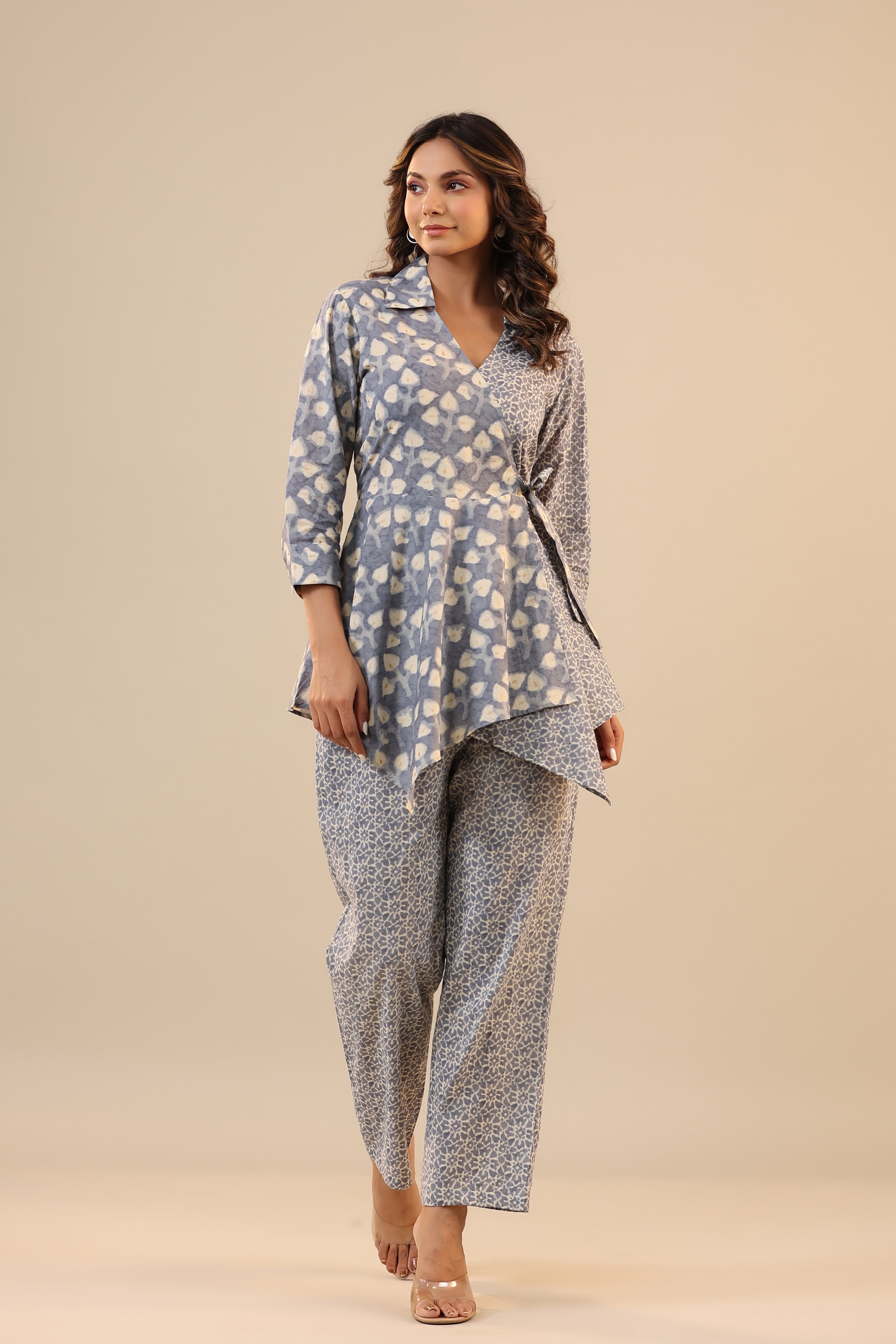 Grey Batik Knot Pure Cotton Loungewear Set