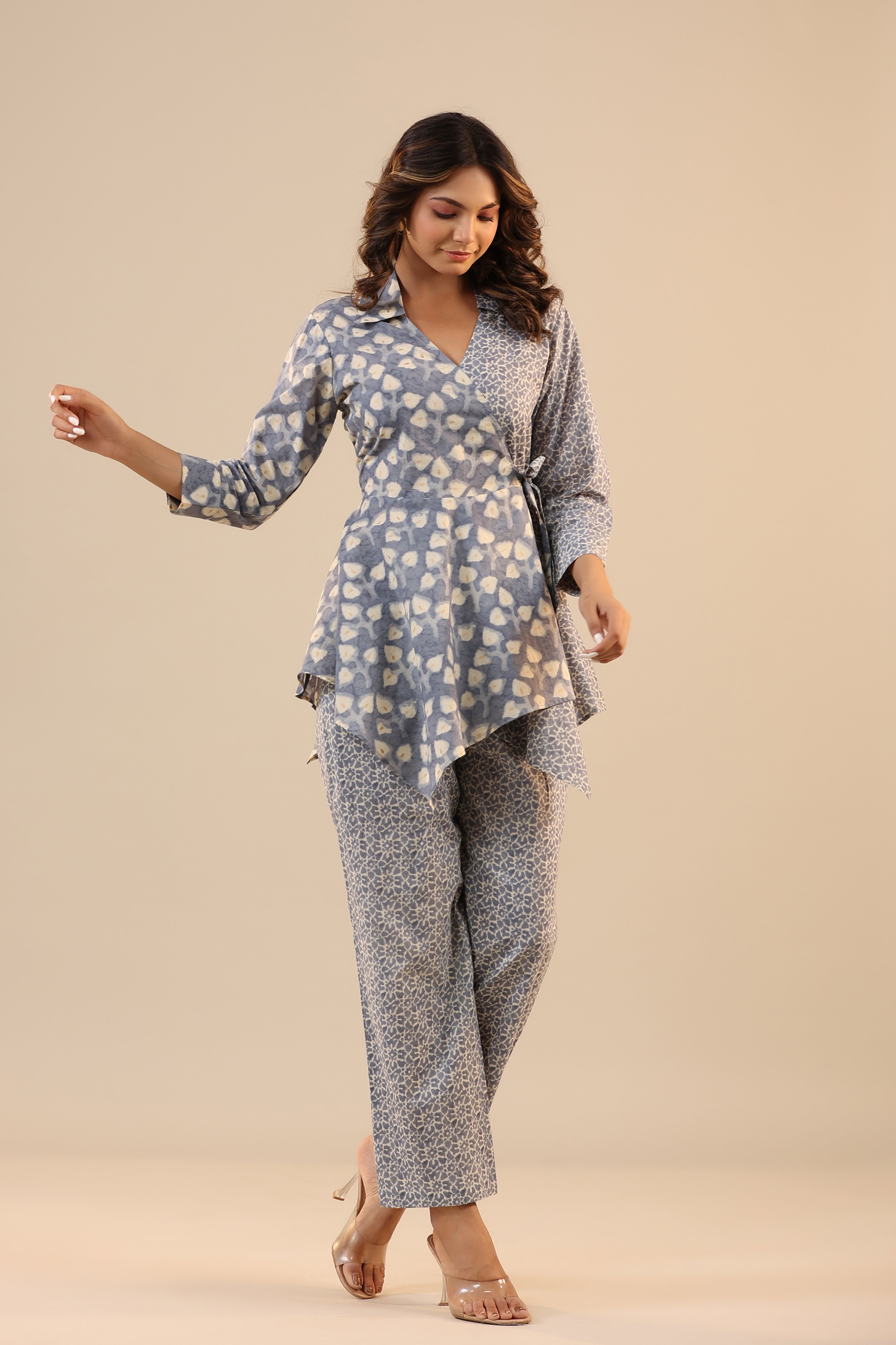 Grey Batik Knot Pure Cotton Loungewear Set