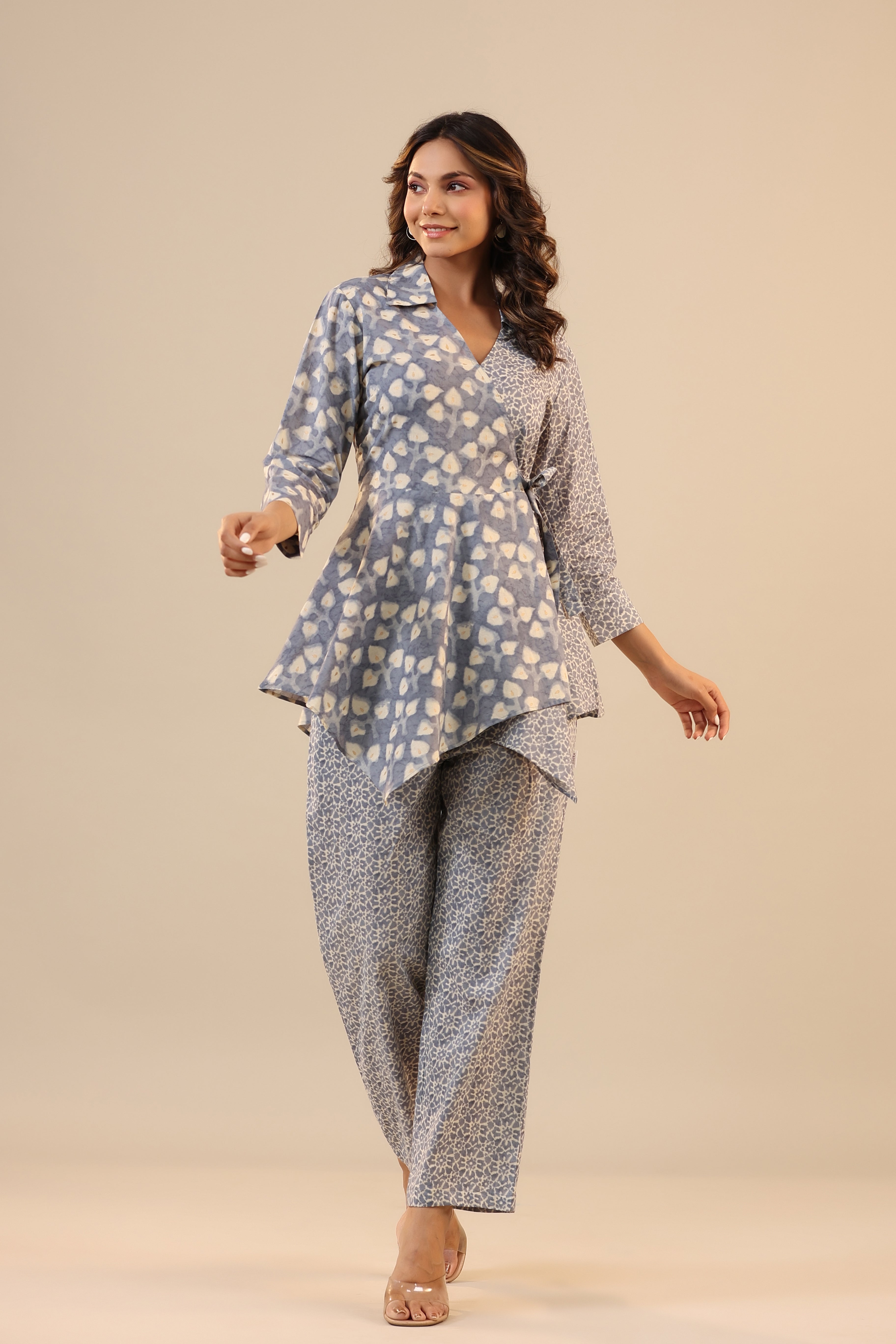 Grey Batik Knot Pure Cotton Loungewear Set