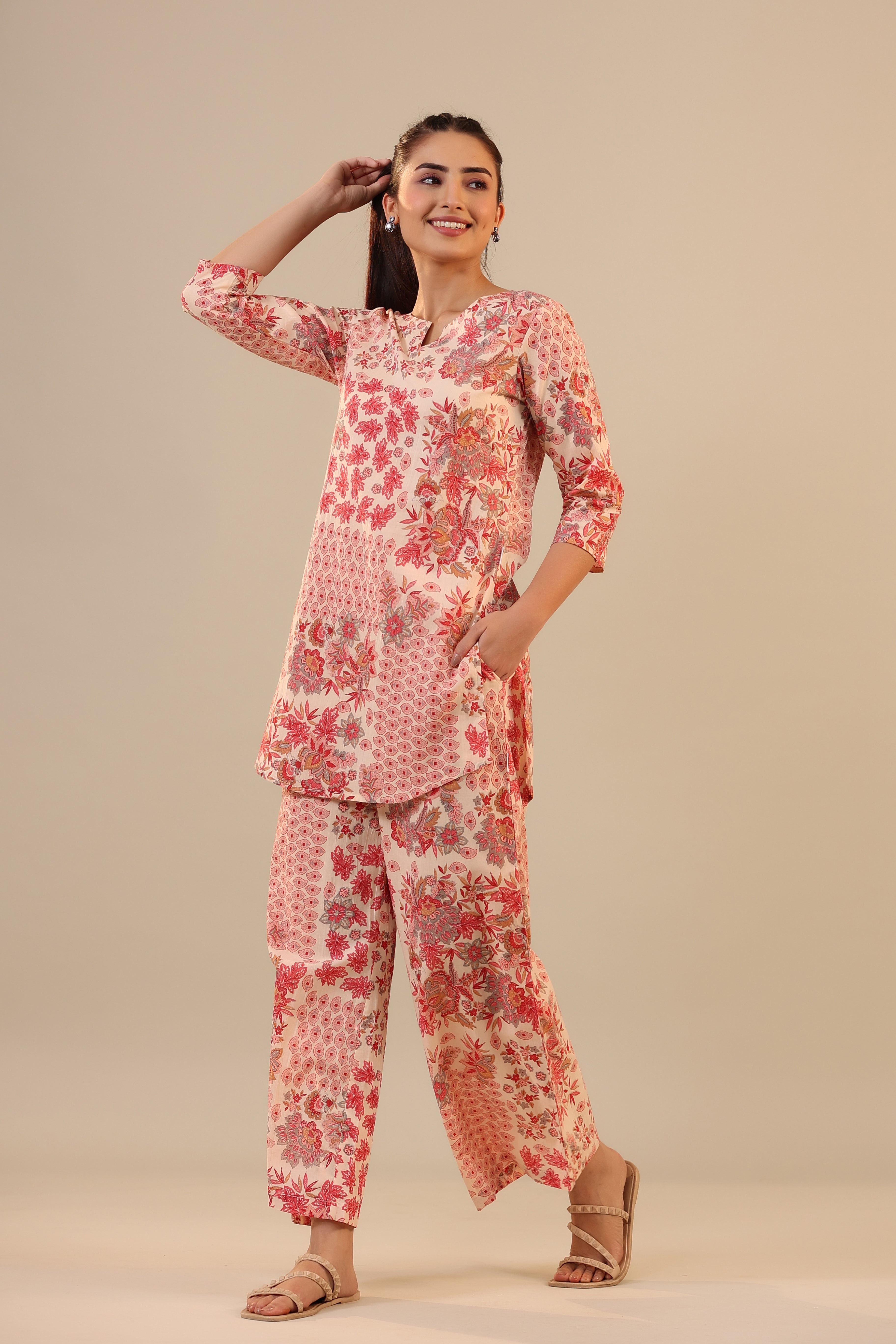 Patterned Florals on Pink Palazzo Loungewear Set