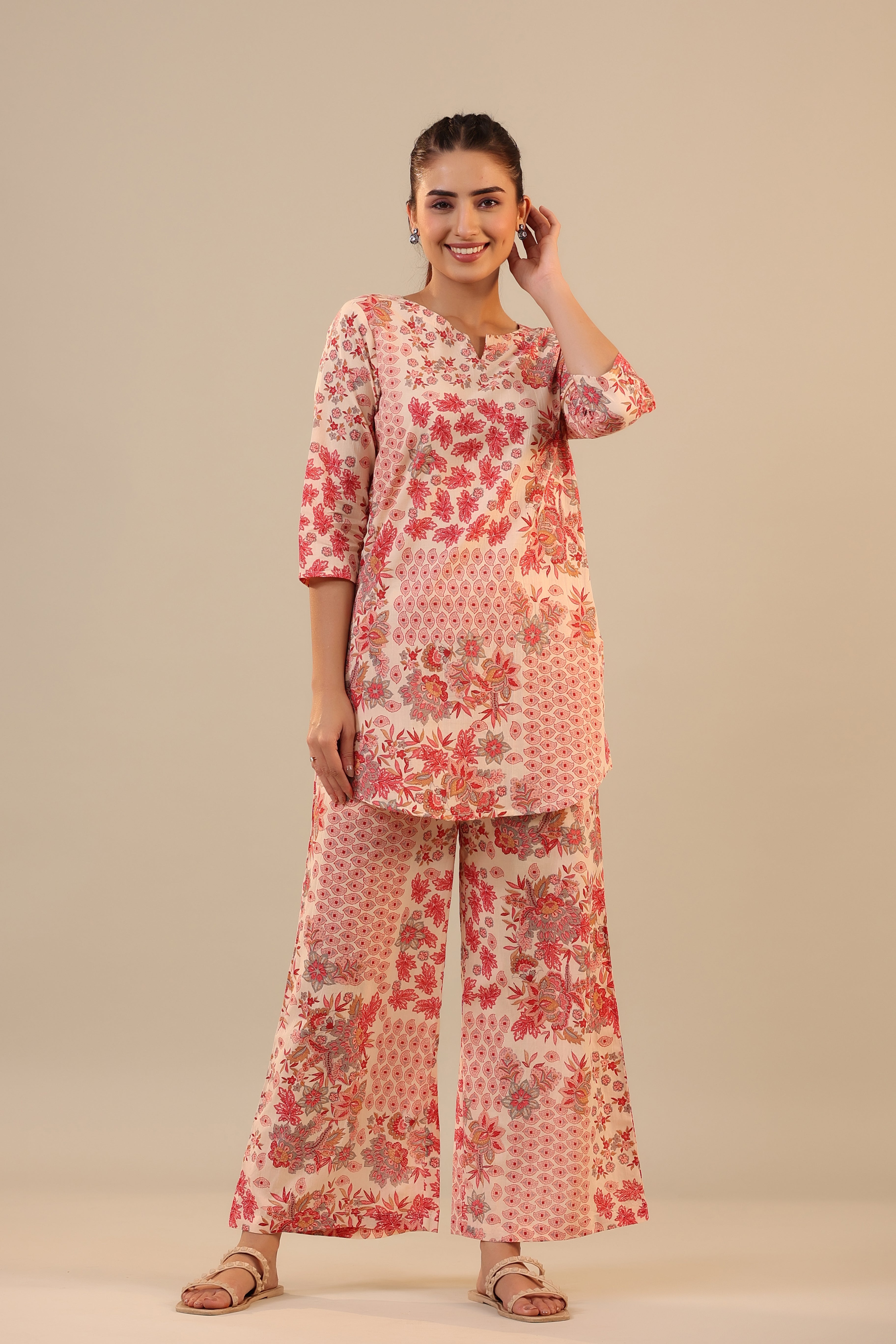 Patterned Florals on Pink Palazzo Loungewear Set