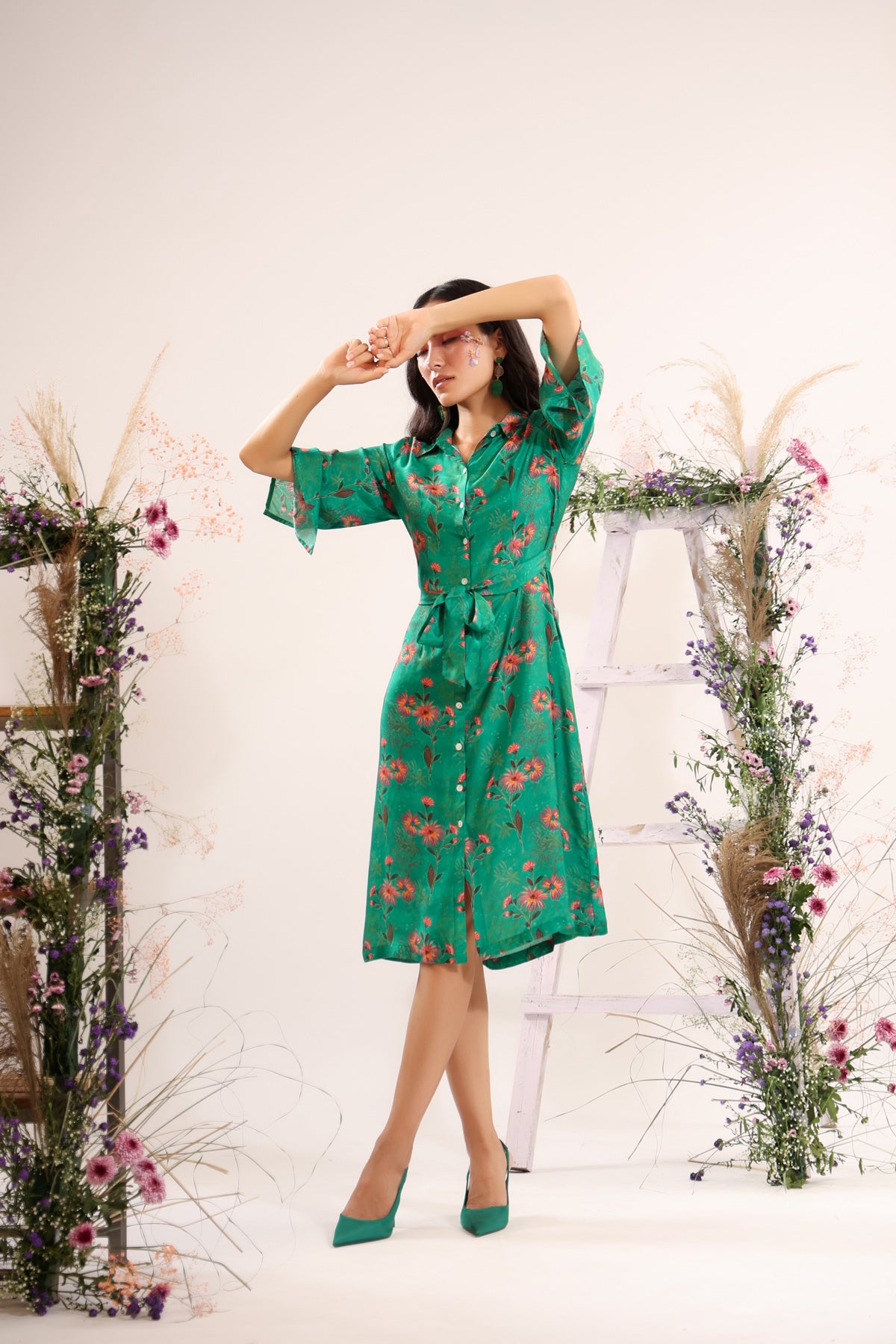 Ikigai Muslin Silk Green Midi Dress